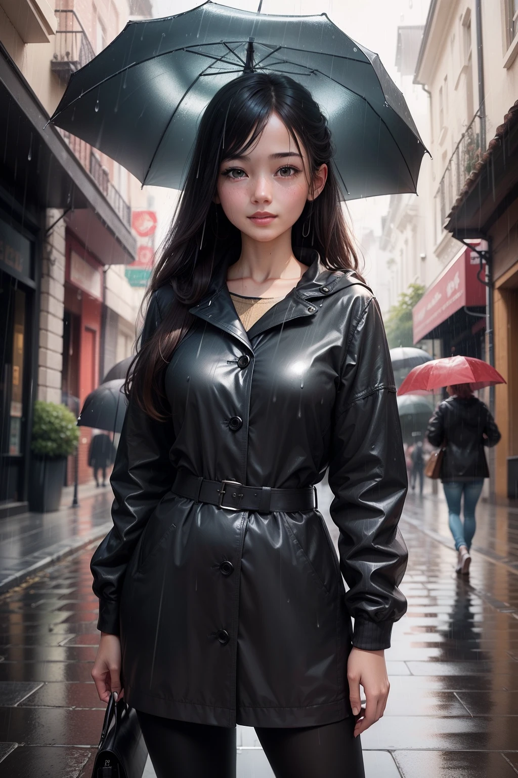1girl, beautiful, masterpiece, realistic, standing, (smile:0.7), (rain:1.2), street, lineart, flat colors, line art