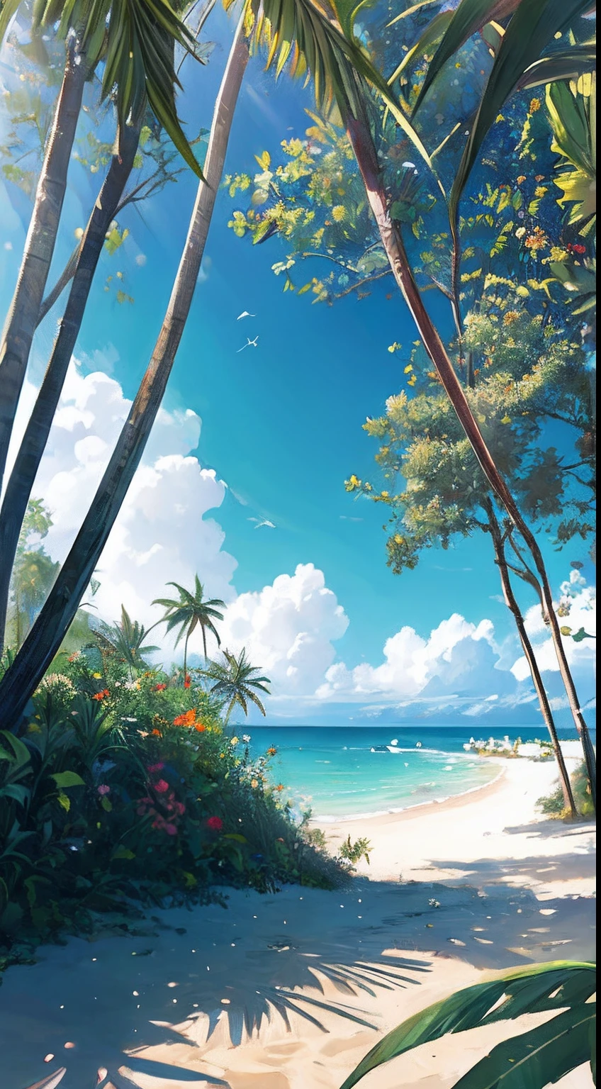 tmasterpiece，best qualtiy，Very detailed CG unity 8K wallpaper，Most Best Illustration，Best shadow，naturey，Blue sea sand，and the sun was shining brightly，The line of sight runs parallel to the beach：1.15，Many umbrellas，NOhumans