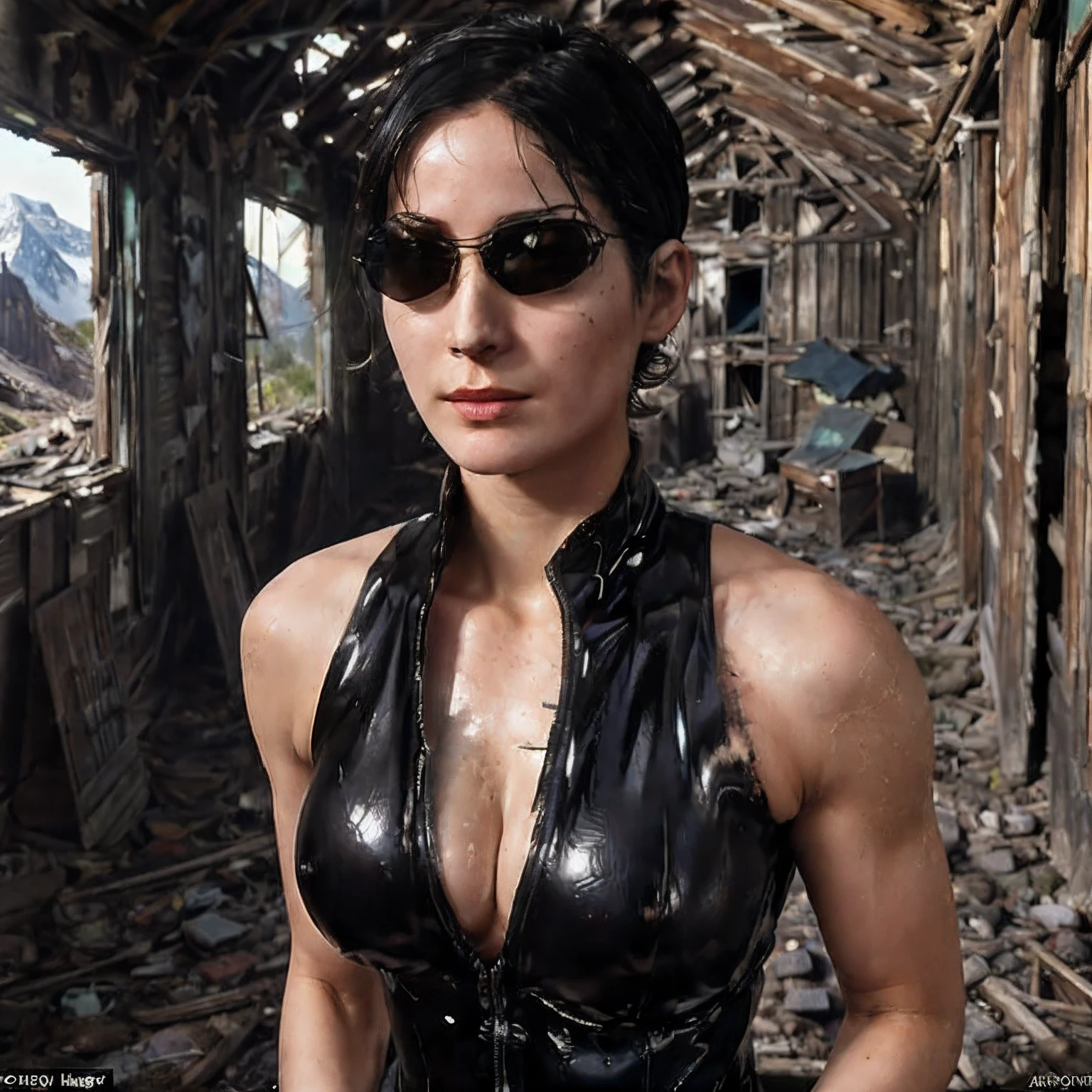 ((masterpiece, Best Quality, High resolution, 32K HDR)), (Perfect portrait of trinity00:1.15), (black body suit:1.1, realistic Trinity sunglasses:1.1), Ultra detailed eyes, hyper derailed face, Detailed mouth, Detailed skin texture, (Atmospheric lighting), Shot with Aricum LT camera, (in Abandoned hut in the mountains:1.15, Huge breasts:1.5), (Dark atmosphere:1.35, squat down and show shaved armpits:1.25),
