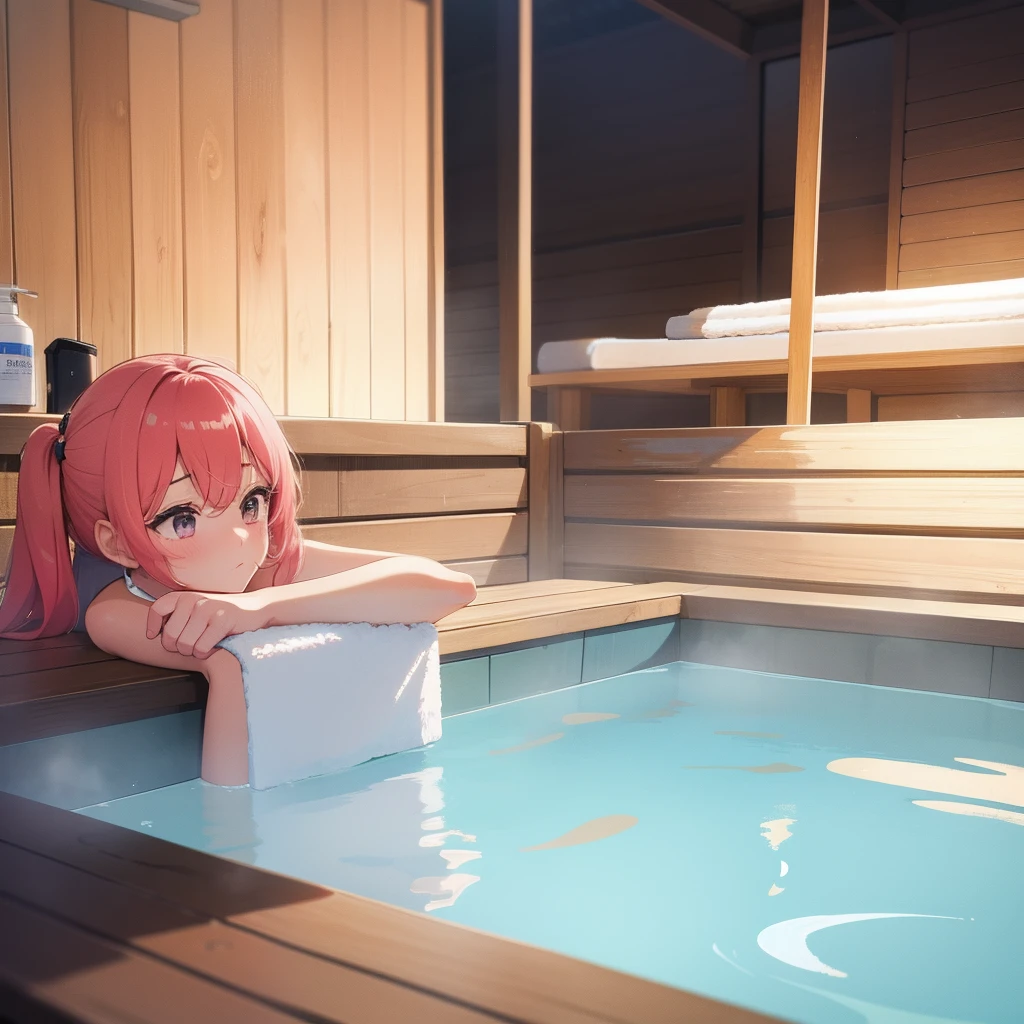 watercolor (medium), 1girl, bath, in bathtub, water, soaking, underwater, in water, lying, soap bubbles, pov, flat chest, t-shirt, gym shorts, wet clothes, nipples, fu xuan, pink hair, arms on bathtub,