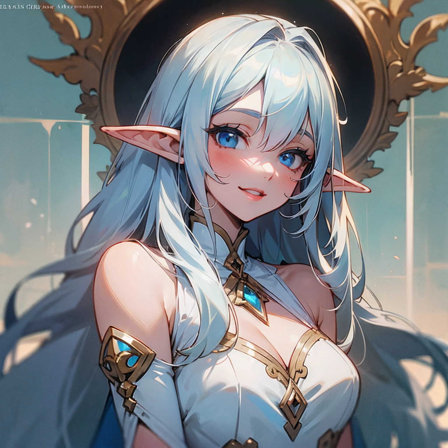 Anime-style image of an elf with white, straight, large, fringed hair. Blue eyes, fair skin, delicate appearance, smiling, reddened lips and wearing a simple white dress.