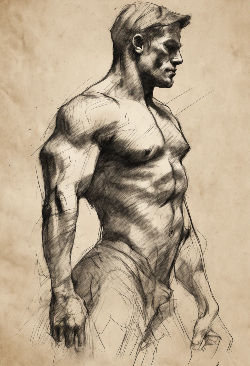 Rough charcoal sketch on old paper, muscular Male figure,dynamic pose,clean line art,+expressive line,in the style of expressive sketch drawing, hatching, black and white sketch, hand drawing, Rough charcoal sketch on old paper, muscular Male figure,dynamic pose,clean line art,+expressive line,in the style of expressive sketch drawing, hatching, black and white sketch, hand drawing, sketching, linear style::Sketchnote Stylesketching, linear style::Sketchnote Style