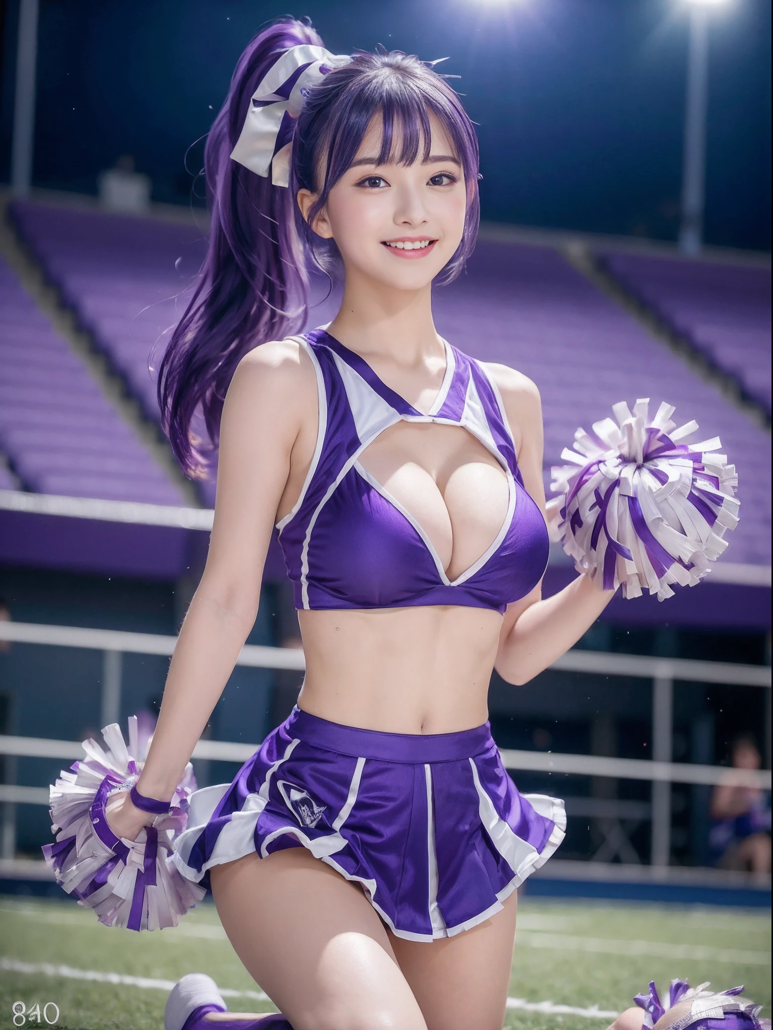 (((top-quality、8K、photographrealistic:1.4、masterpiece)))、Back lighting、Highly detailed facial texture woman、18year old、(((Purple Cheerleader:1.2)))、((Stadium Background:1.2))、with arms up、beautiful make up、A smile、open open mouth、Long hairstyle with shiny purple hair,,,、cowboy shot。silber hair。short-hair。Parted sleeves, bare shoulders, Center opening, cleavage of the breast, Central chest、white hair。Purple hair。Panchira。Black panties。poneyTail。Kneeling。Squatting。knee high。