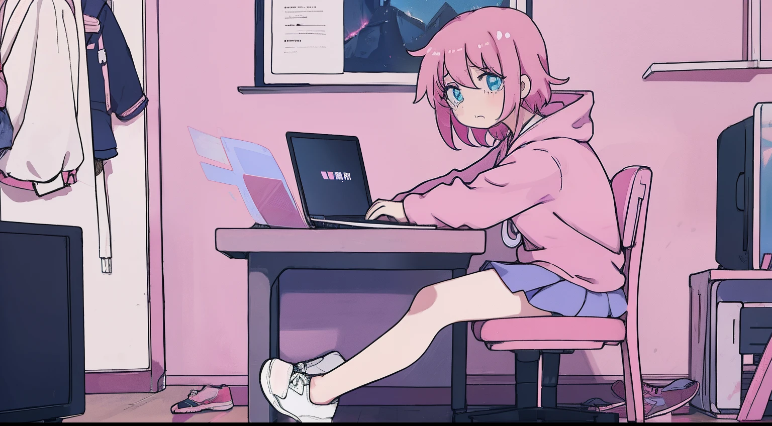 anime girl, short pink hair, bangs, pink hoodie, blue skirt, black legwear, choker, white shoes, indoors, using a laptop, looking at laptop, desktop, sitting in a chair, sad, cry, messy room