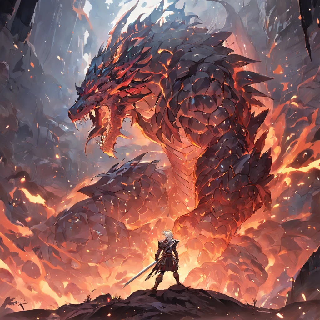 A warrior with silver hair and a long beard entwined together, he has a large scar on his left machine with an armor that looks like it was made of dragon scales but shows off his muscular arm muscles emerging from a rock and tree. Black giant sword in hand. Behind him was a dragon with flaming wings.