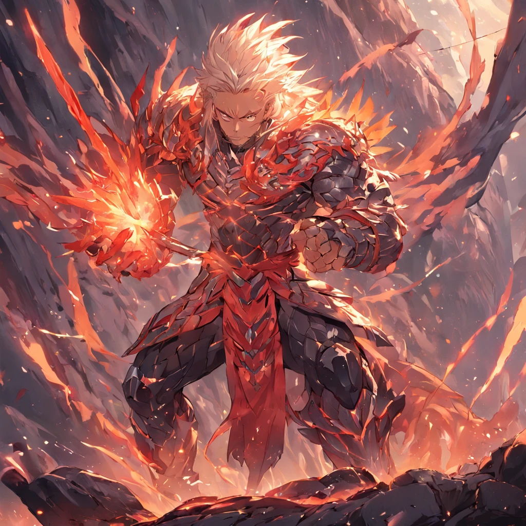 A warrior with silver hair and a long beard entwined together, he has a large scar on his left machine with an armor that looks like it was made of dragon scales but shows off his muscular arm muscles emerging from a rock and tree. Black giant sword in hand. Behind him was a dragon with flaming wings.