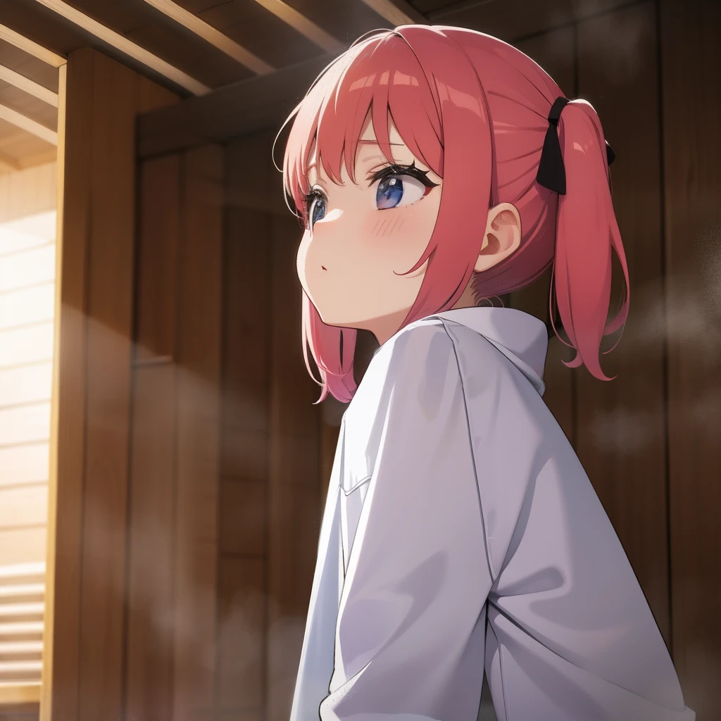 1girl in,sauna,Shyness,bath towels,perspiring,look up to