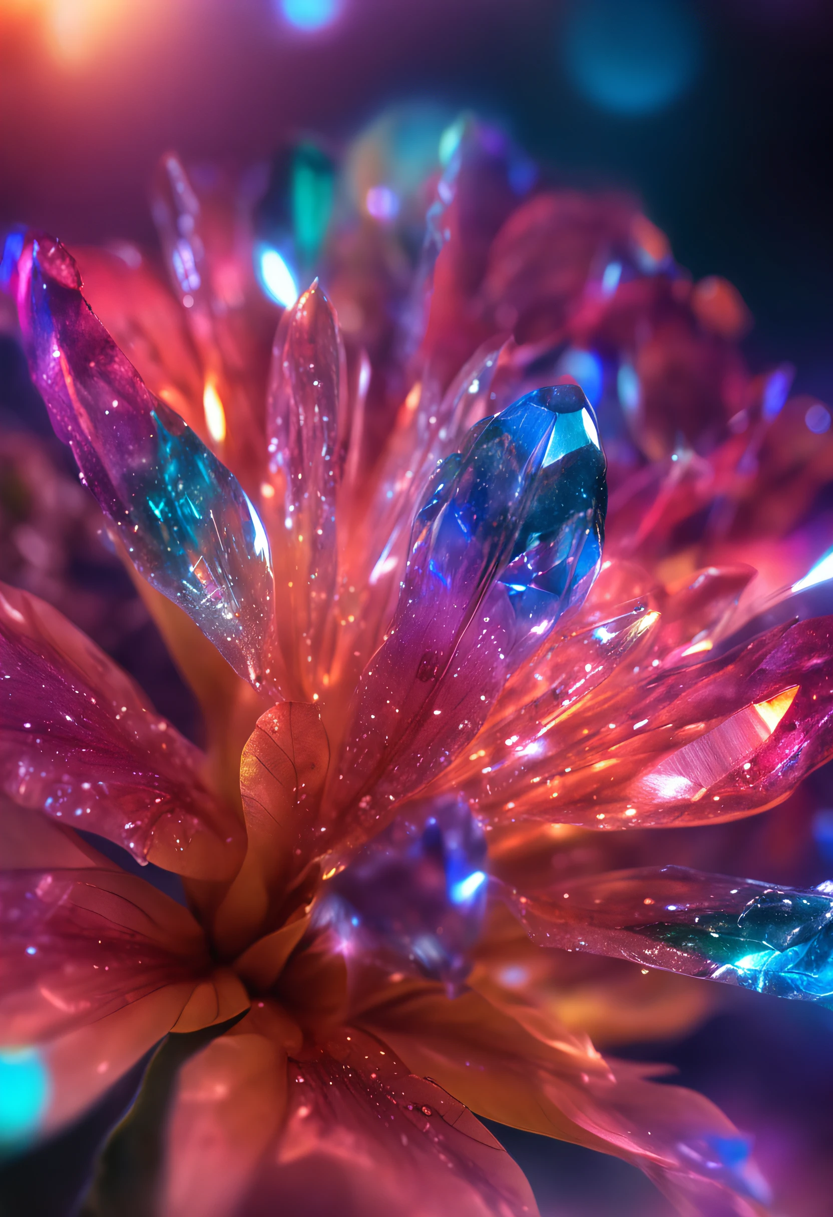 flor de cristal, fantasia, galaxy, transparente, cintilante, cintilante, shining, colorido, magic photography, lighting dramatic, Foto realism, ultra-detalhado, 4k, profundidade de campo, alta resolução