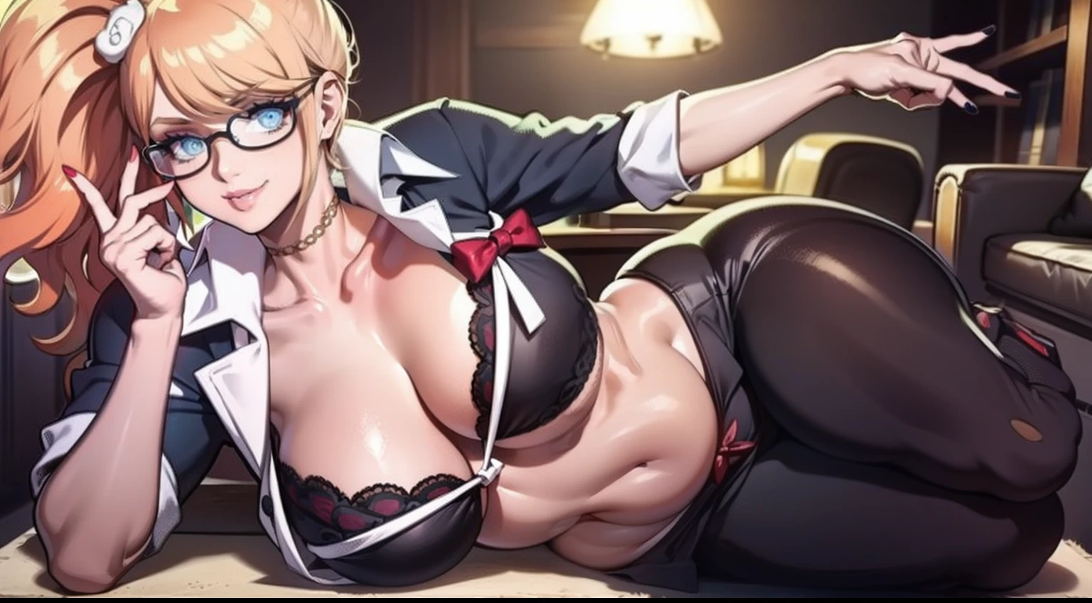 tmasterpiece, best qualtiy, A MILF,Beautiful detailed love eyes, Extremely detailed face,Heavy makeup,Glasses, Purple shirt, Open shirt, Black bra, cleavage, Large of breast,big assa, pencil skirts, Pantyhose, High heels, view the viewer, arms behind head,Temptation in the eyes,ssmile,opening legs,squating, lounge room