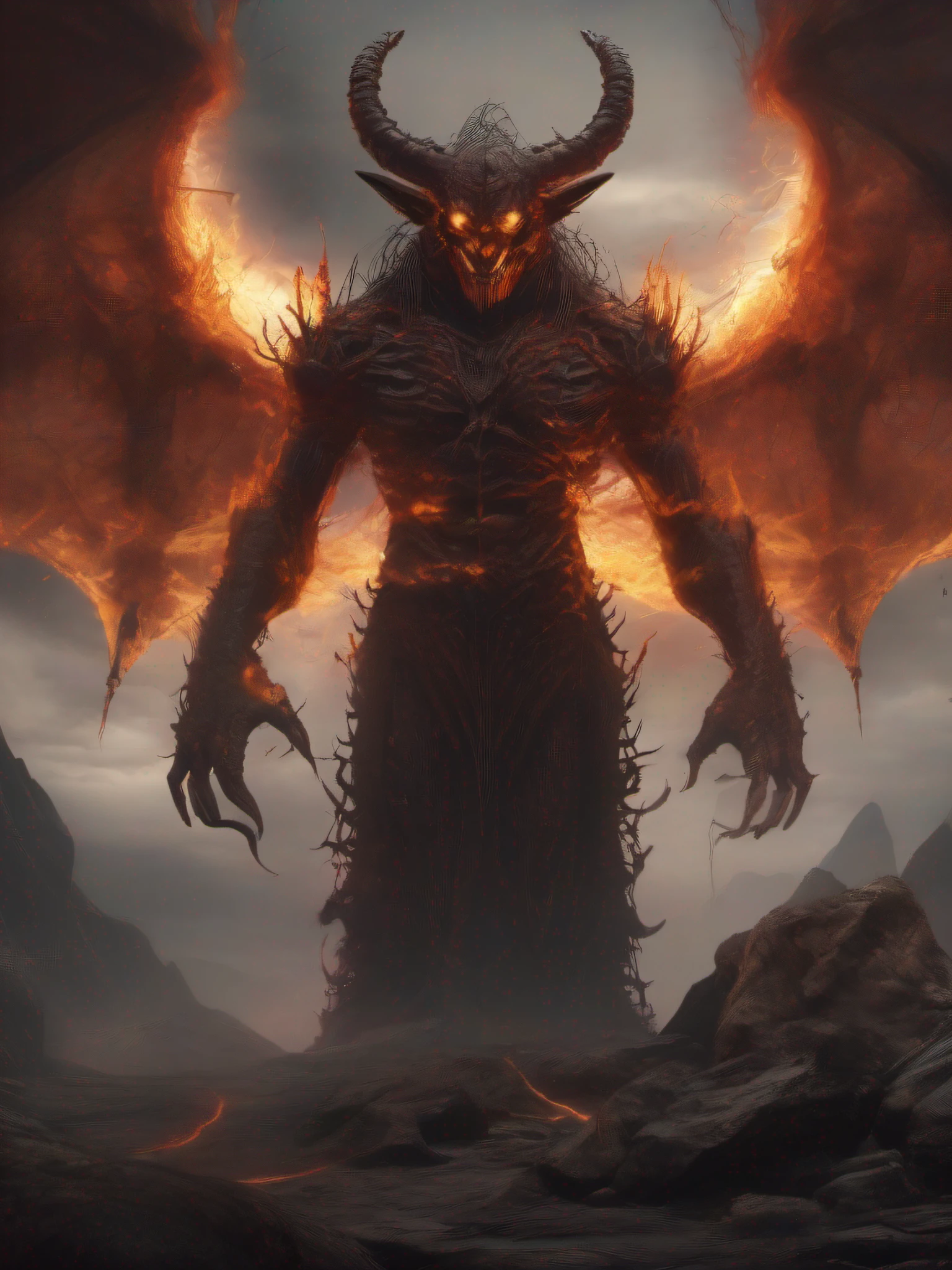"Create a hauntingly photorealistic image of the demon 'Infernal Herald' standing amidst its nightmarish realm. The demon's form should be covered in intricate, glowing runes that pulse with dark energy, giving it an unsettling and malevolent appearance. The textures on the demon's skin should seamlessly blend with its contorted and grotesque anatomy, exuding an aura of dread. The environment around Infernal Herald should be a twisted landscape of jagged rocks, molten rivers, and obsidian spires. The sky should be a swirling vortex of ominous clouds and eerie lights, casting a dim and harsh lighting across the scene. The demon's dark energy should manifest as tendrils of smoky darkness, adding to its ominous presence. The overall image should evoke a sense of fear, power, and otherworldly malevolence."