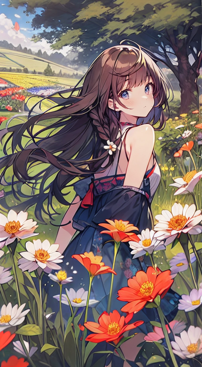 masutepiece, Best Quality,Illustration, Wallpaper, Ultra Detail, Absurd beauty、1 beautiful girl、 (Medium Short-Cut Hair、short braided hair), Beautiful ultra-detailed eyes , Hair fluttering in the wind、Keep your head small、flower field、great outdoors、Landscape of the flower garden