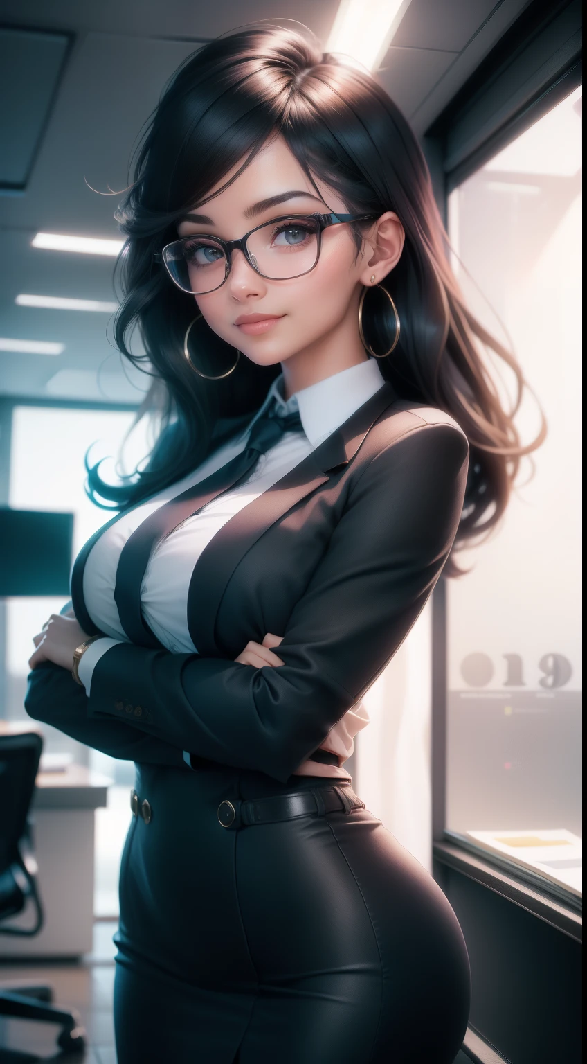 A beautiful young woman exudes confidence and wisdom in a stylish modern office space，Next to it are complex financial charts on the wall, You can feel her analytical thinking at work, Directly in the camera gaze, A slight smil, full bodyesbian, Top model measurements, Office dress code, Wearing glasses, Cute face, Still very professional, author：Alejandro Bourdicio
