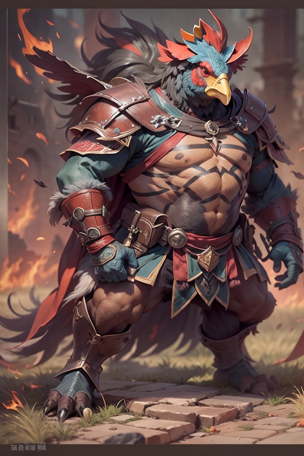 （anthropomorphic turtle），（Rooster warrior：1.4），coda，a tall body，Stout limbs，disdain，ran，tosen，The long hairs of the flame fluttered in the wind，combats，Dynamic lines，Dimly lit battlefield，Ruined castle，（stereoscopic perspective：1.4），Works of masters，super-fine，4K分辨率，high qulity，电影灯光，High picture detail，Detailed pubic hair，Epic shooting，Clearly focused hair，Detailed hair depiction，acurate