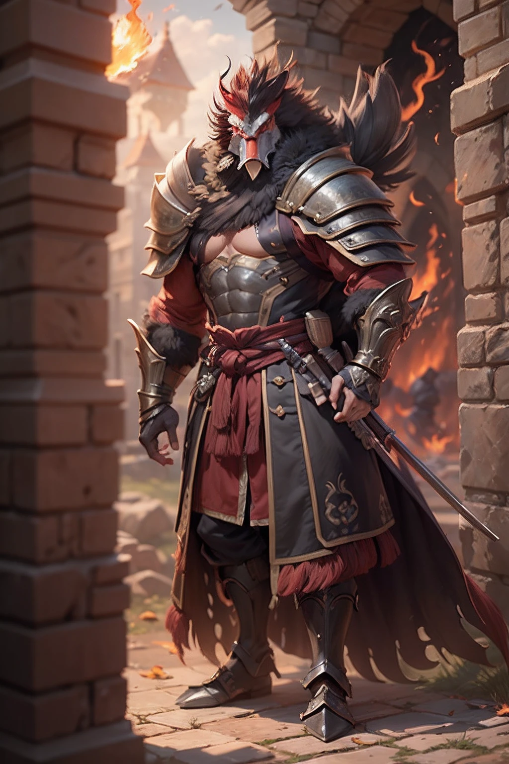 (anthropomorphic turtle),(Rooster warrior:1.4),coda,a tall body,Stout limbs,disdain,ran,tosen,The long hairs of the flame fluttered in the wind,combats,Dynamic lines,Dimly lit battlefield,Ruined castle,(stereoscopic perspective:1.4),Works of masters,super-fine,4K分辨率,high qulity,电影灯光,High picture detail,Detailed pubic hair,Epic shooting,Clearly focused hair,Detailed hair depiction,acurate