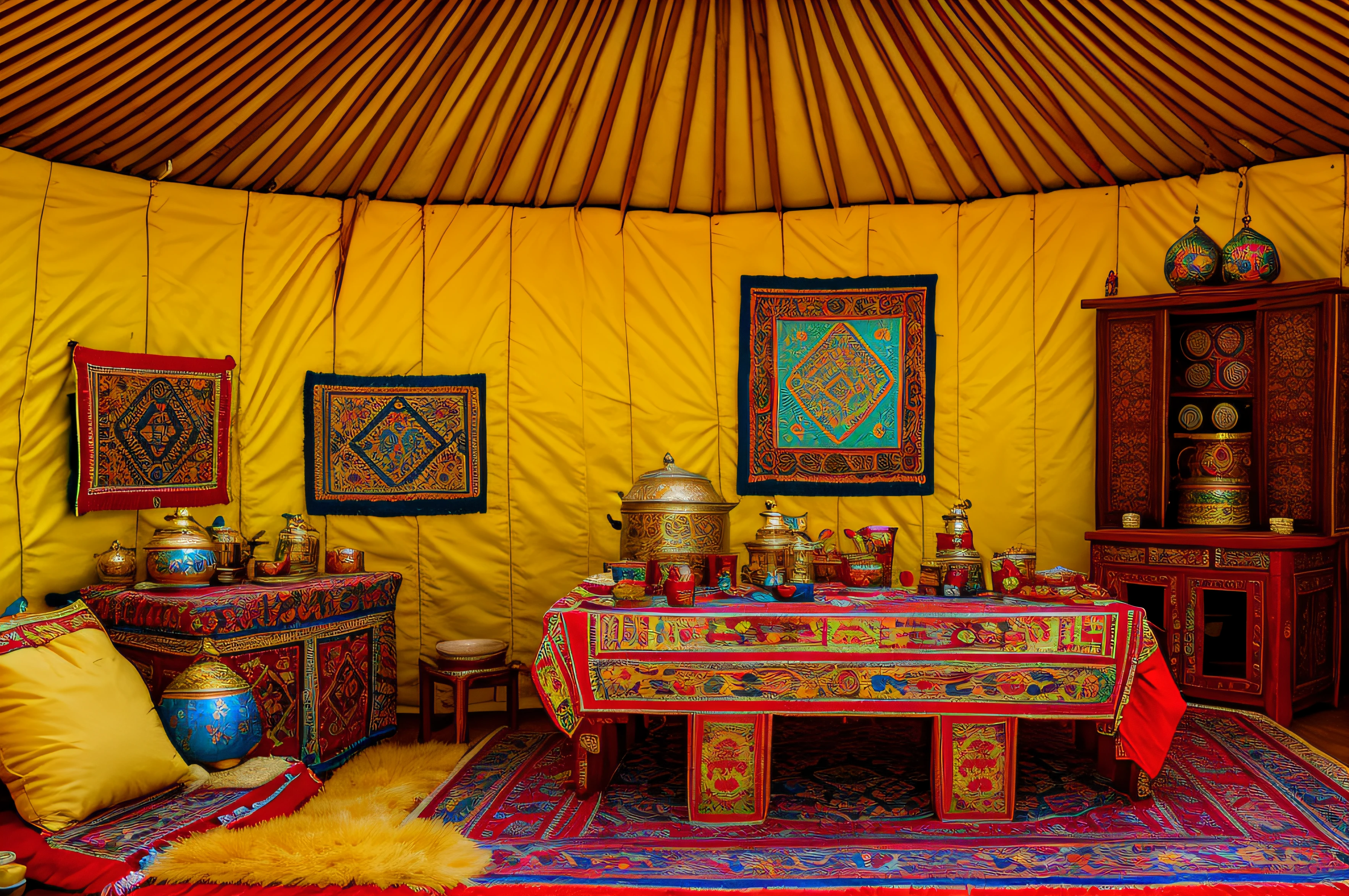 Yurt interior,Mongolian elements,Mongolian items are displayed on the table, photo of genghis khan, Mongolia,genghis khan, 4 0 9 6, photo shot, exclusive,yellow backdrop,Red cabinet,Mongolian costumes