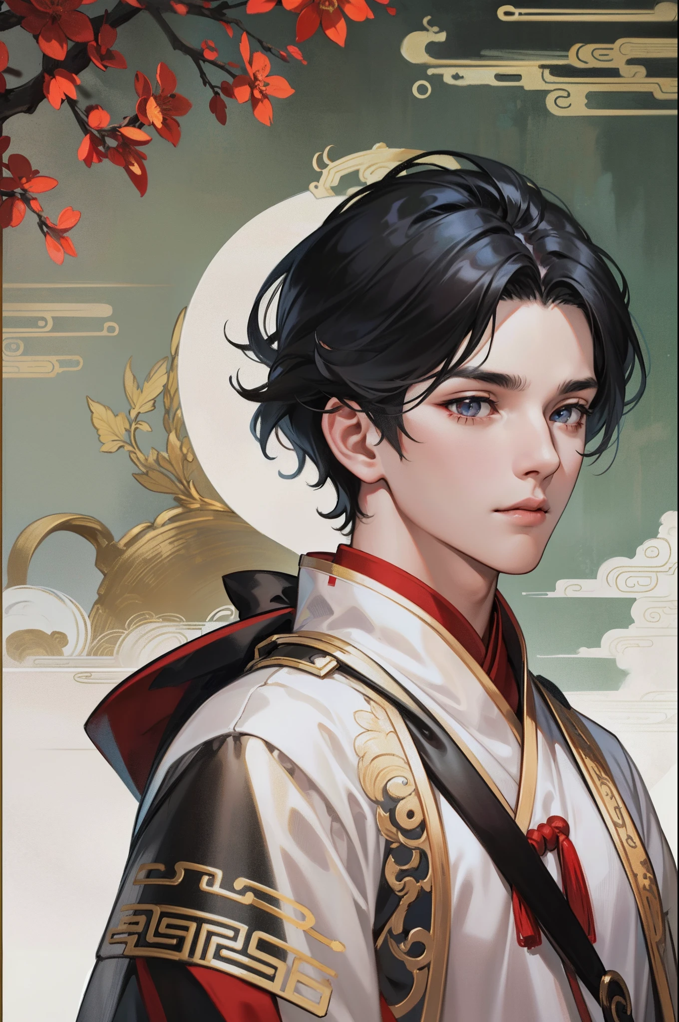 (1 man),Black color hair,red color eyes,Wearing a simple white robe in ancient Chinese style,The background is the scenery,The identity is an immortal cultivator Immortal cultivator of the ancient Chinese worldview,Magical atmosphere,Face portrait
