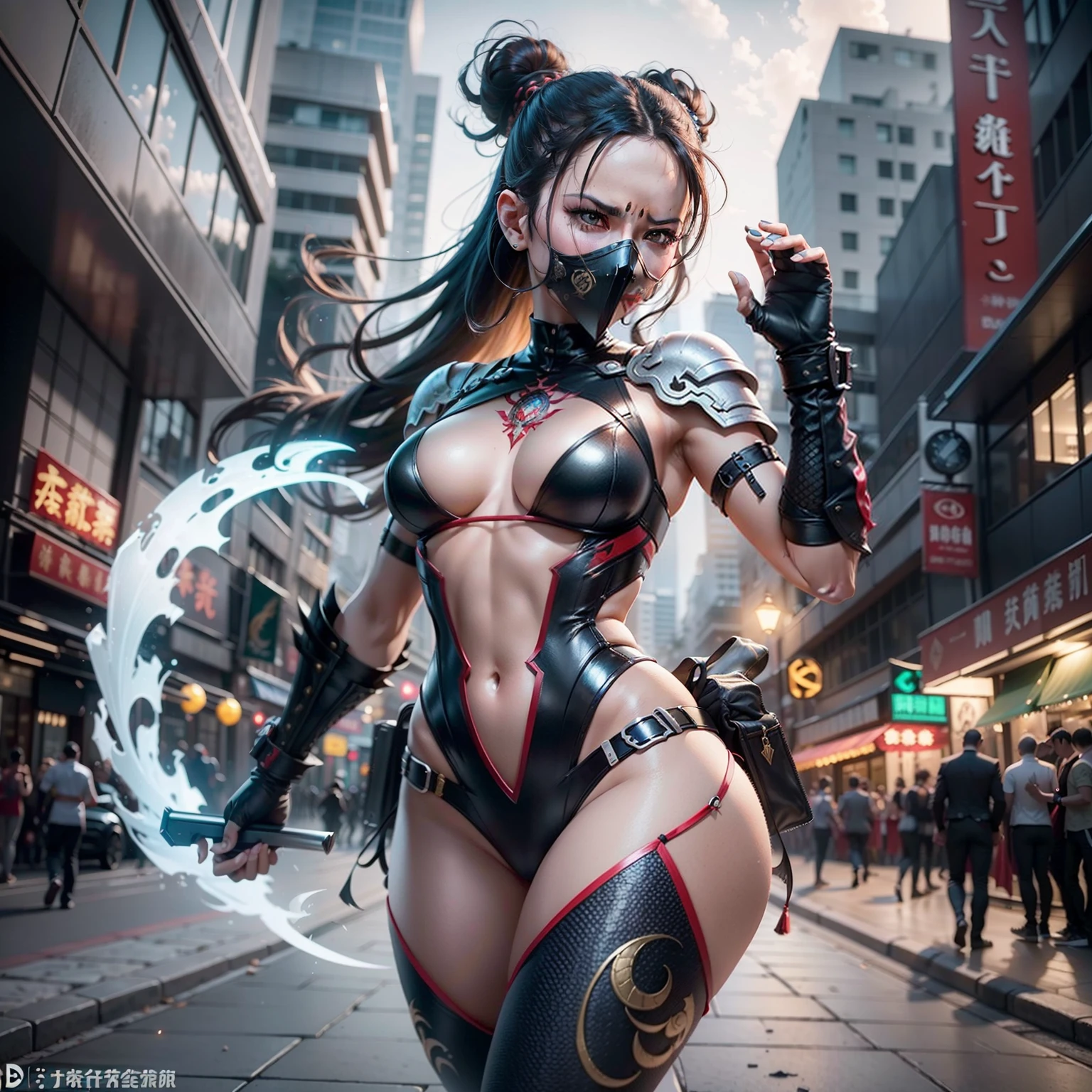 ((La mejor calidad)), ((Obra maestra)), (Detalles:1.4), ..3D,1girl, Imagen de cuerpo completo, Image of a woman in a beautiful red scorpion cyberpunk costume, Scorpion Woman, Decoration of the arm of the scorpion on the head, Scorpion image helmet, High-tech mask that covers the mouth, Traje de lucha estilo ropa china, Estilo Chun-Li, Kung Fu, scorpion, Cara de chica china, Pose de patada alta, Pose de Kung Fu, HDR, Trazado de rayos, NVIDIA RTX, Super resolution, Irreal 5, Subsoil Scatter, Texturizado PBR, Post-procesamiento, Anisotropic filtering, Profundidad de campo, Maximum clarity and sharpness, Texturas multicapa, Albedo y mapas especulares, Sombreado de superficies,Accurate simulation of light-material interaction,Proporciones perfectas y esbeltas,Delineador agudo,((cuerpo completo)))、foco nítido,Renderizado de octanaje,two-color illumination,Amplia apertura,ISO bajo,balance de blancos,Regla de la tercera,8K RAW,Placa de circuito AI, 4k, brumoso, Noche de fondo de la ciudad,