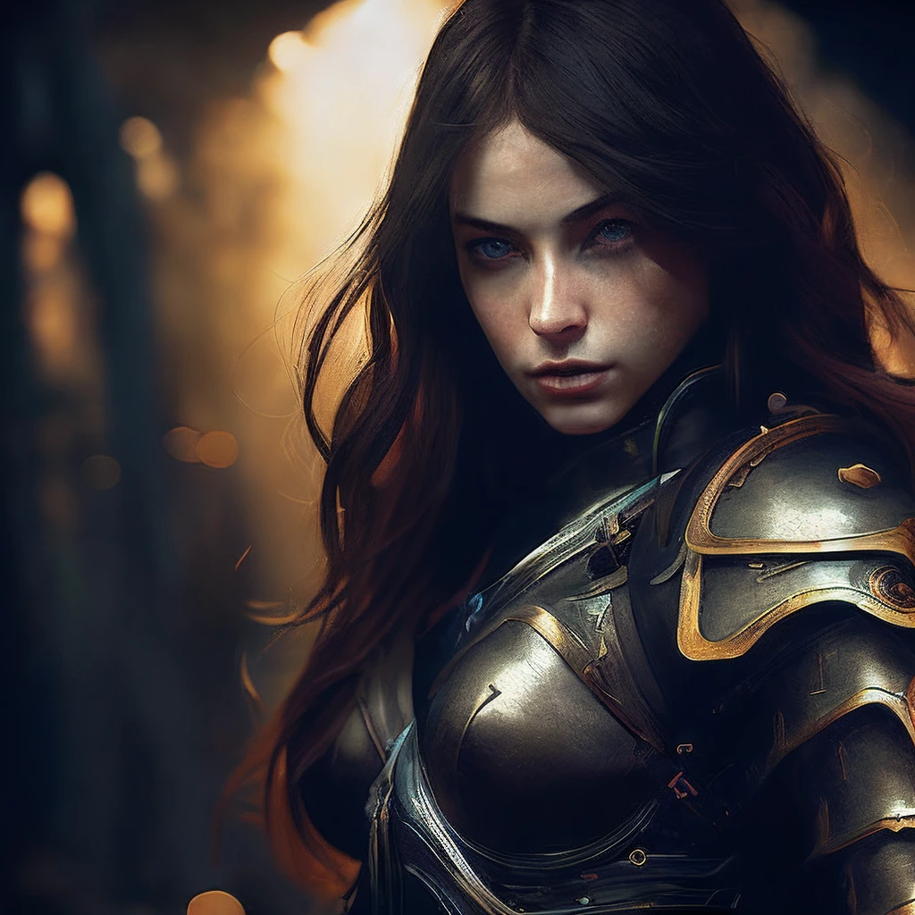 (Digital Artwork:1.3) of (Cel shading:1.3) A (full body:1.3) shot at 8k resolution, splash art, fantastic comic book style, photorealistic, intense look, anatomical photorealistic digital painting portrait of a (sexy girl:1.3) human (warrior:1.3) in black and gold intricate (heavy armor:1.3) in a (dark and moody universe:1.3), light particle, very detailed skin,samurai, very detailed eyes, (elden ring style:1.3), (warhammer style:1.1), concept artist, global illumination, depth of field, splash art, art by artgerm viktoria gavrilenko,CGSociety,ArtStation