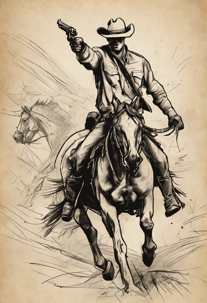 A cowboy with gun in hand, ((angry 1.4)), raiding a running horse, Screaming, with hat, action, dark side, Mystery , Dark Background, Rough charcoal sketch on old paper, muscular Male figure,dynamic pose,clean line art,+expressive line,in the style of expressive sketch drawing, hatching, black and white sketch, hand drawing, Rough charcoal sketch on old paper, muscular Male figure,dynamic pose,clean line art,+expressive line,in the style of expressive sketch drawing, hatching, black and white sketch, hand drawing, sketching, linear style::Sketchnote Stylesketching, linear style::Sketchnote Style