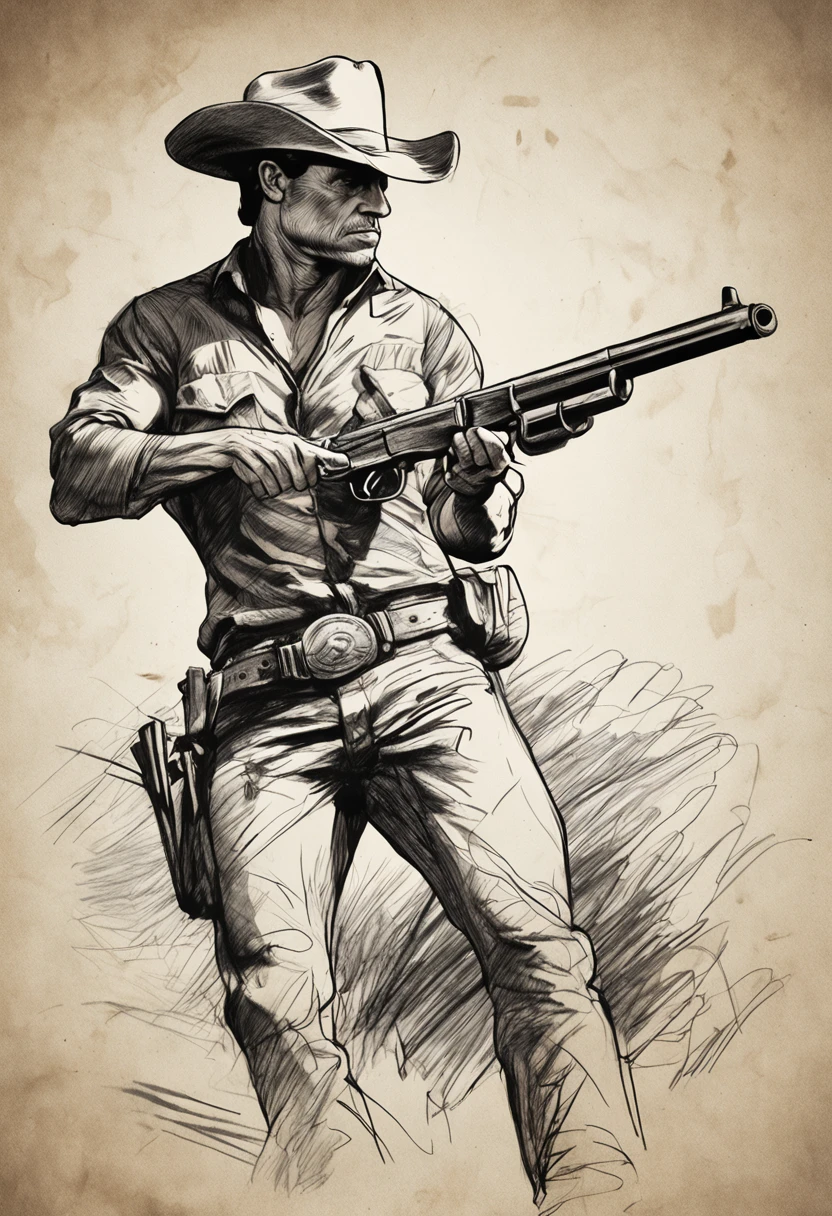 A cowboy with gun in hand, ((angry 1.4)), raiding a running horse, Screaming, with hat, action, dark side, Mystery , Dark Background, Rough charcoal sketch on old paper, muscular Male figure,dynamic pose,clean line art,+expressive line,in the style of expressive sketch drawing, hatching, black and white sketch, hand drawing, Rough charcoal sketch on old paper, muscular Male figure,dynamic pose,clean line art,+expressive line,in the style of expressive sketch drawing, hatching, black and white sketch, hand drawing, sketching, linear style::Sketchnote Stylesketching, linear style::Sketchnote Style