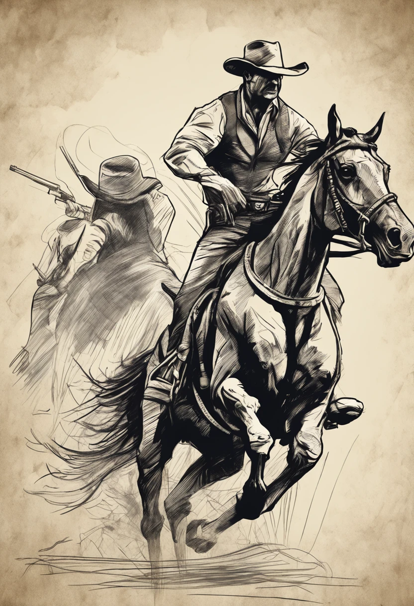 A cowboy with gun in hand, ((angry 1.4)), raiding a running horse, Screaming, with hat, action, dark side, Mystery , Dark Background, Rough charcoal sketch on old paper, muscular Male figure,dynamic pose,clean line art,+expressive line,in the style of expressive sketch drawing, hatching, black and white sketch, hand drawing, Rough charcoal sketch on old paper, muscular Male figure,dynamic pose,clean line art,+expressive line,in the style of expressive sketch drawing, hatching, black and white sketch, hand drawing, sketching, linear style::Sketchnote Stylesketching, linear style::Sketchnote Style