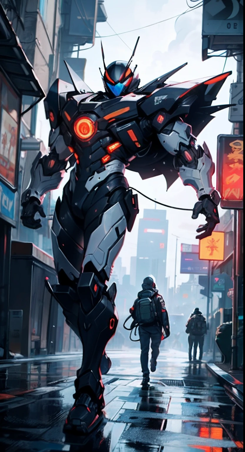 Imposing black plastic metal android robot,three meters tall and with a minimalist design that highlights its marked metallic musculature. His head is smooth and adorned with RGB lights that highlight his uniqueness and futurism.
He carries a metal backpack on his back that contains drones,turrets,and firearms. The backpack has spidery legs that allow it to move quickly.
Although most of his body is a deep,glossy black,there are orange,purple,and blue details that highlight his striking,futuristic design. It is undoubtedly an impressive creation that does not go unnoticed.
(((muscular))),hypermuscle, hyper muscles,carbon robot,humanoid robot, robot, robot joints, joints, helmet, armor, head-mounted display,
(dynamic pose:1.0),solo focus,(centered,scale to fit dimensions,Rule of thirds),
cyberpunk city by the ocean at night, with bright neon signs and dark stormy clouds and puddles,
High resolution, sharp focus, (ultra detailed, extremely detailed), (photorealistic artwork:1.37), 8k wallpaper,((synthwave background theme)),((vibrant colors)),(intricate),masterpiece,(best quality),