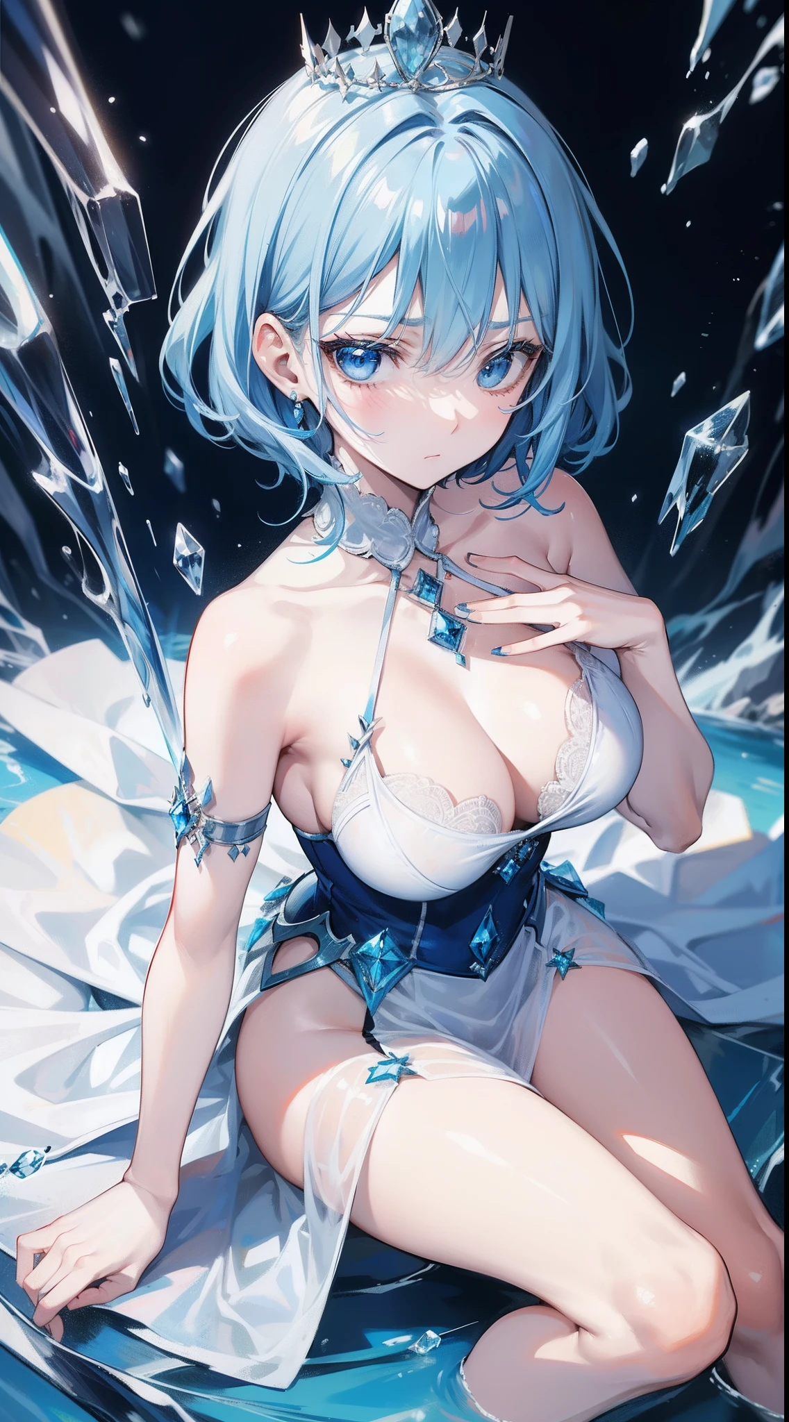 Adult woman, Short blue hair, blue eyes, big breastes, pale skin, Ice Crown, ice dress, Cold, unemotional look, Masterpiece, hiquality