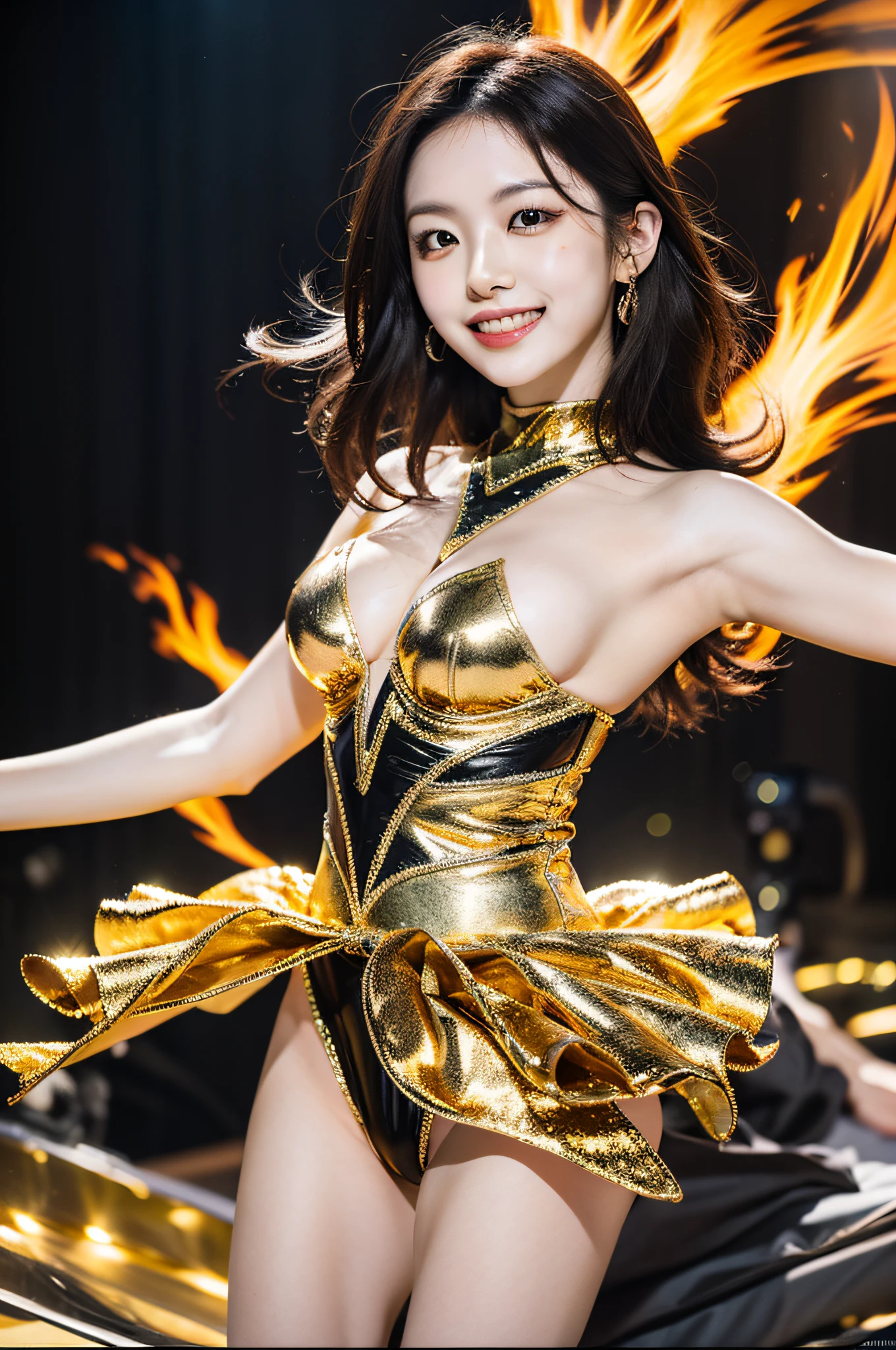 Eri Kamei from Morning Musume plays the lead role, Captivate audiences with her dazzling gold outfit. The stage is alive with special effects, From the thick smoke rising from the floor to the dynamic flames that surround her. As she moves, Her dance performances are elegant and powerful, Embodying the spirit of a true idol. Lighting captures her every movement, Emphasize her pale skin and radiant smile. Medium: Photography. Style: Ultra-detailed, Cinematic, High contrast. Colors: Deep Gold, Blues atmosphere, Contrasting white. Composition: high-definition16k, Shot with a 50mm lens, F/8, ISO 100, Shutter Speed 1/125, Spotlight Focus. --ar 16:9 - V5.1 --Style raw --Q 2 --S 750