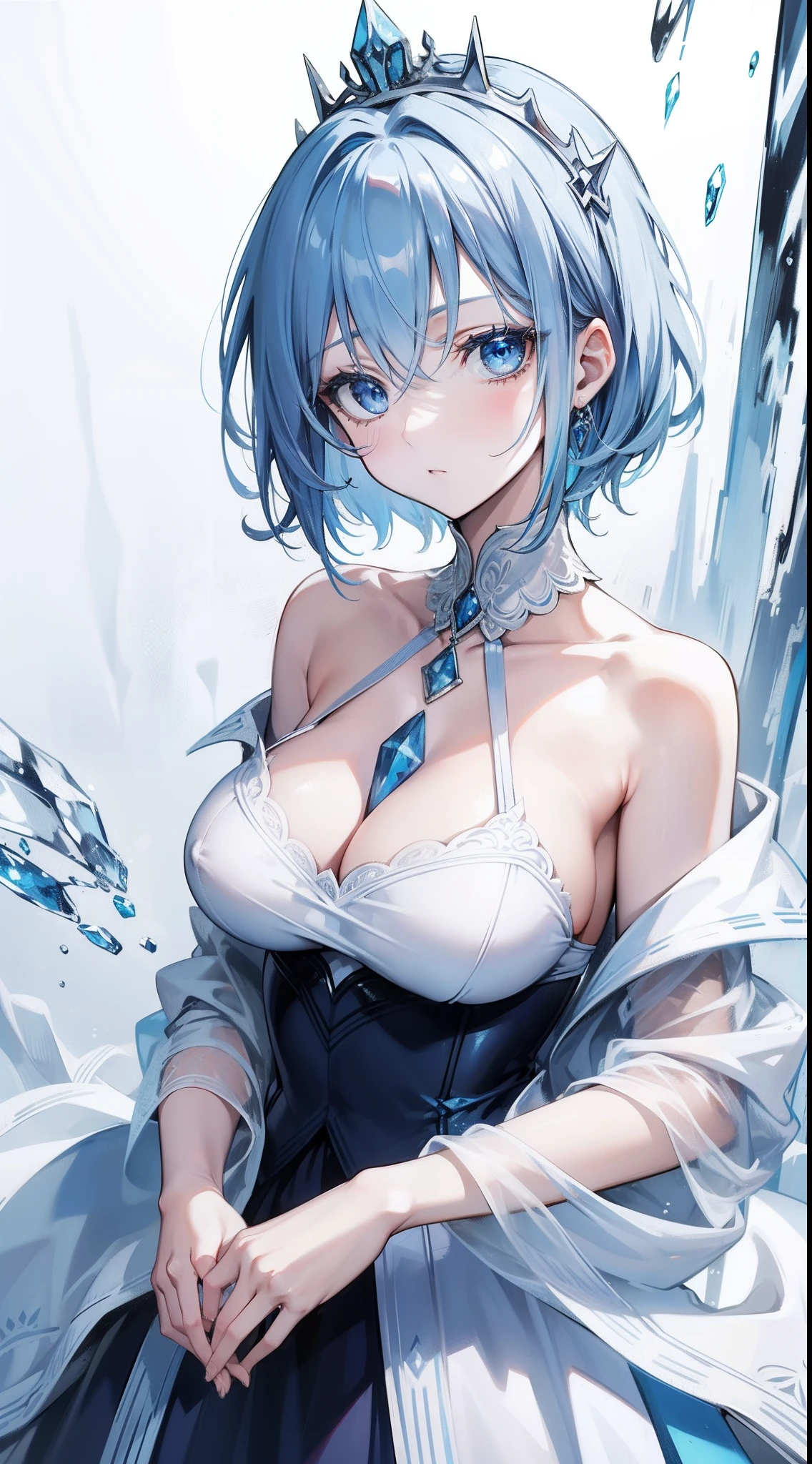 Adult woman, Short blue hair, blue eyes, big breastes, pale skin, Ice Crown, ice dress, Cold, unemotional look, Masterpiece, hiquality
