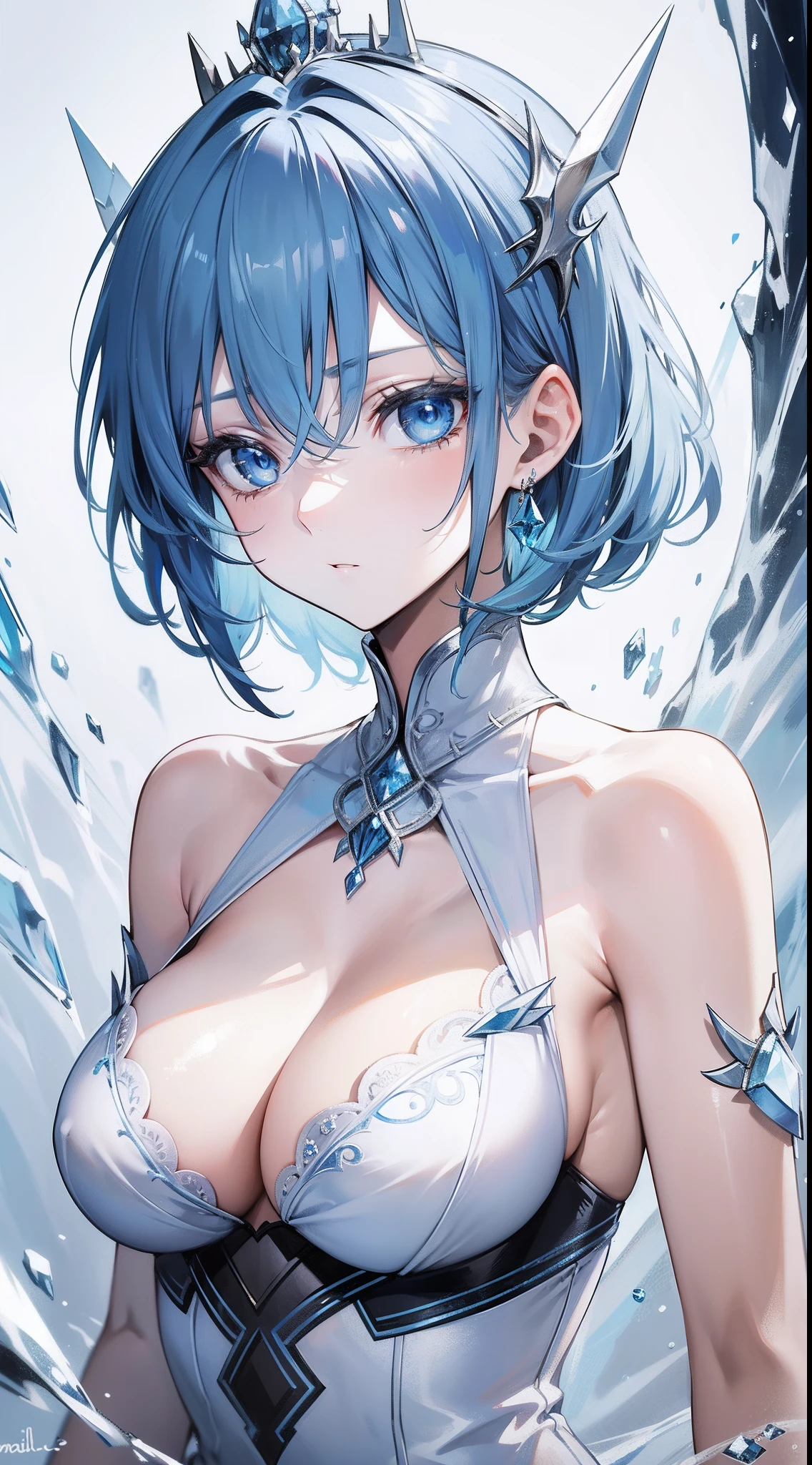 Adult woman, Short blue hair, blue eyes, big breastes, pale skin, Ice Crown, ice dress, Cold, unemotional look, Masterpiece, hiquality