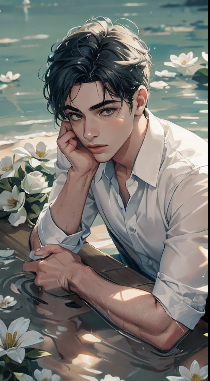 1child, masculino, man, muchacho, adolescente, joven, physically based representation, Pro Lighting, Detalle extremo, Camisa blanca, ramo, pendientes cruzados, acostado en el agua, Alto brillo, refrescante, Luz suave, ((soltero))), (solamente), acostado, Wet, Camisa transparente