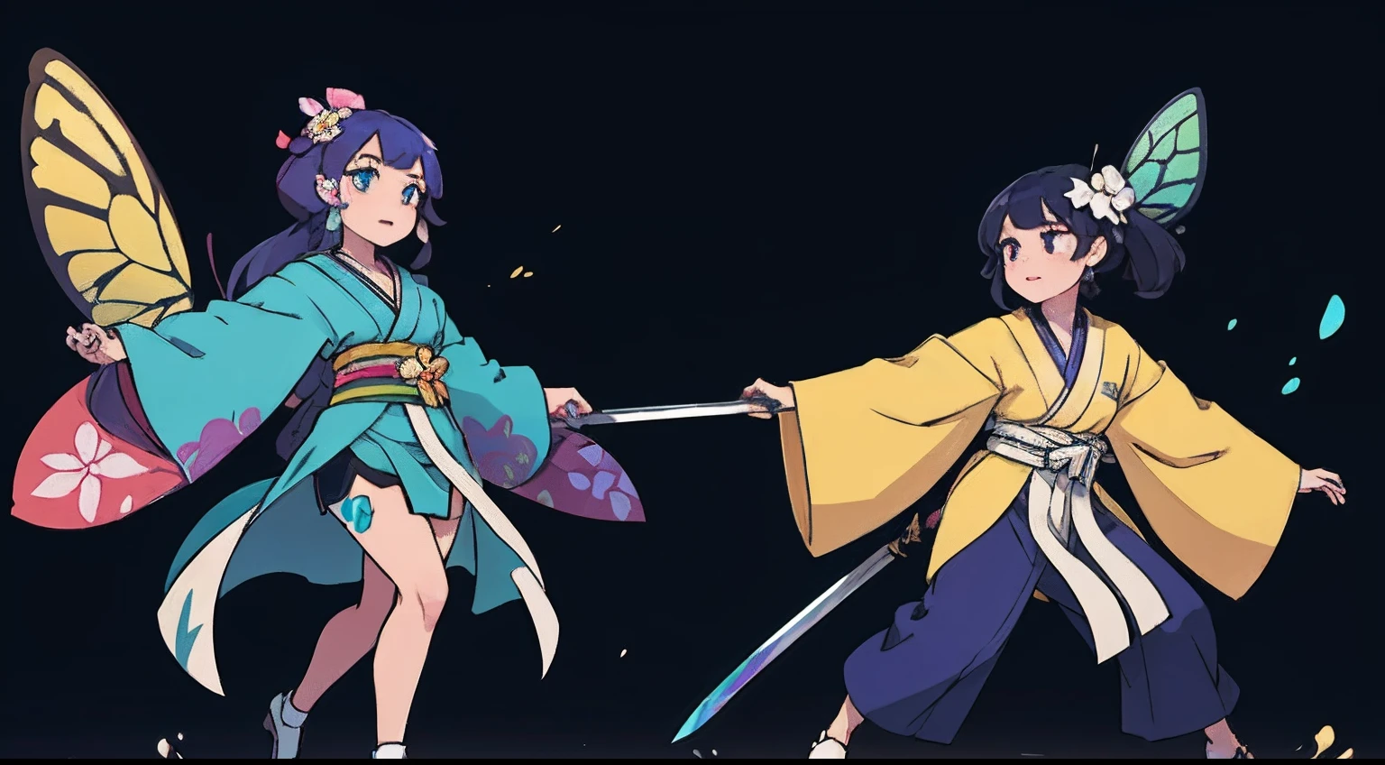 Octane Render、(Hyper-detailing: 1.15)、(Soft light、sharp: 1.2)、Two girls、full body Esbian、Practice dancing with a sword、Fine pattern Japan sword、ultradetailed eyes、Rainbow painting drops、Full Paint、Splash、Long color hair、Paint Kimono、Super luxury kimono、Rainbow Paint Kimono、(hair adornments、耳Nipple Ring、Floral hair ornament、butterfly hair ornament)、Sword Practice