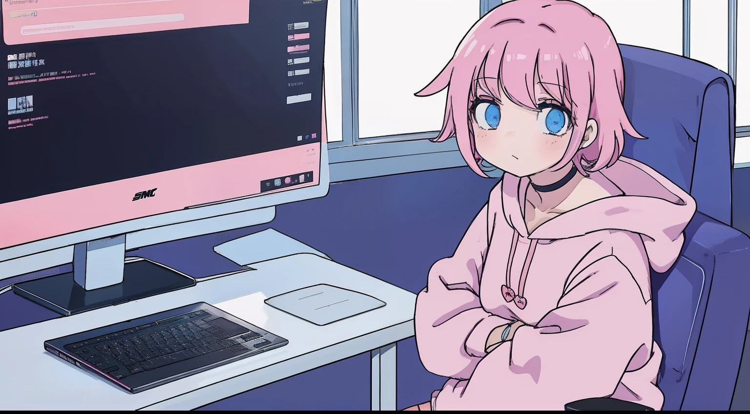 anime girl, short pink hair, bangs, pink hoodie, blue skirt, black legwear, choker, white shoes, indoors, using a laptop, looking at laptop, desktop, sitting in a chair,