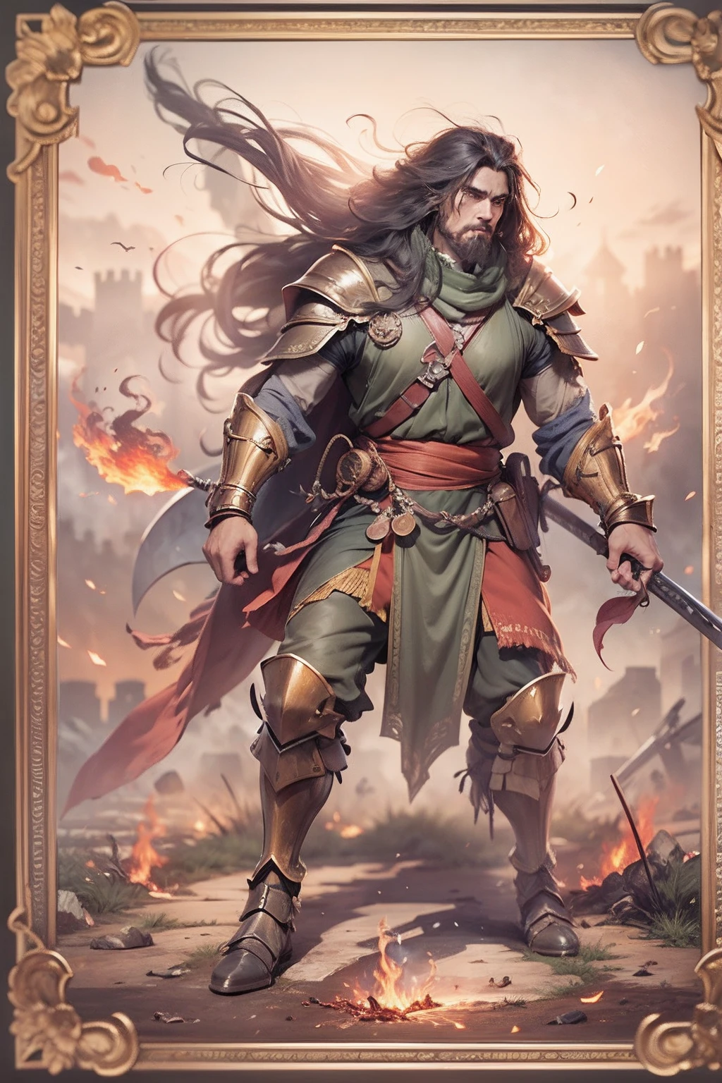 (anthropomorphic turtle),(Hound Warrior:1.4),coda,a tall body,Stout limbs,disdain,ran,tosen,The long hairs of the flame fluttered in the wind,combats,Dynamic lines,Dimly lit battlefield,Ruined castle,(stereoscopic perspective:1.4),Works of masters,super-fine,4K分辨率,high qulity,电影灯光,High picture detail,Detailed pubic hair,Epic shooting,Clearly focused hair,Detailed hair depiction,acurate
