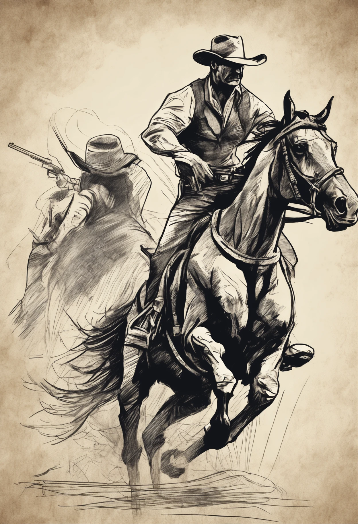 A cowboy with gun in hand, ((angry 1.4)), raiding a running horse, Screaming, with hat, action, dark side, Mystery , Dark Background, Rough charcoal sketch on old paper, muscular Male figure,dynamic pose,clean line art,+expressive line,in the style of expressive sketch drawing, hatching, black and white sketch, hand drawing, Rough charcoal sketch on old paper, muscular Male figure,dynamic pose,clean line art,+expressive line,in the style of expressive sketch drawing, hatching, black and white sketch, hand drawing, sketching, linear style::Sketchnote Stylesketching, linear style::Sketchnote Style