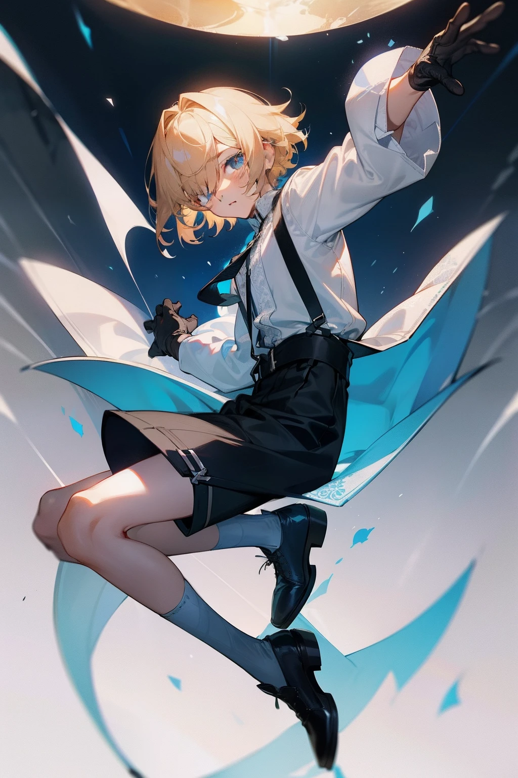 Blonde haired girl with short hair in the forest levitating full body from front with powers