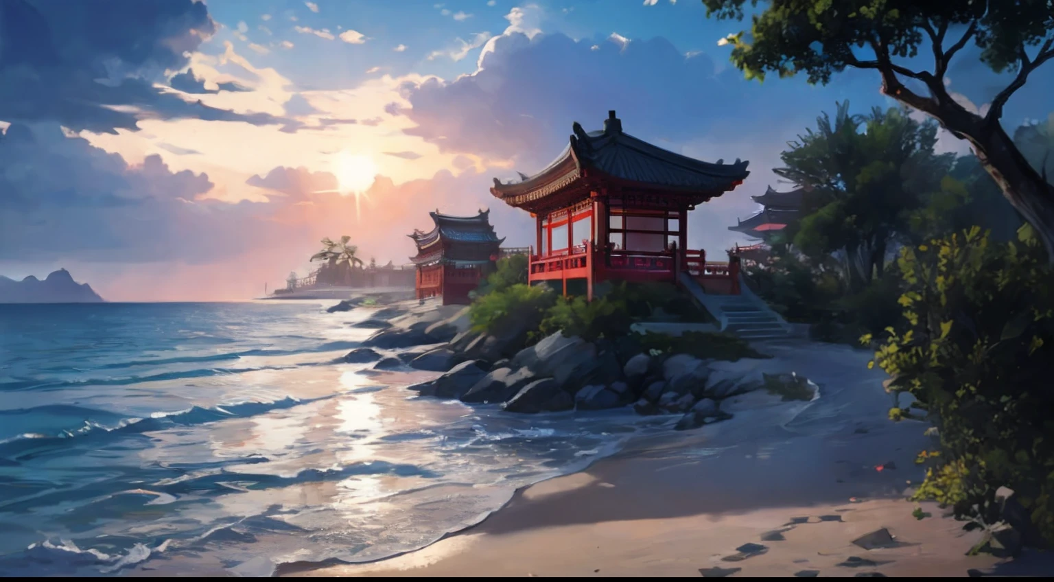 tmasterpiece，best qualtiy，Very detailed CG unity 8K wallpaper，Most Best Illustration，Best shadow，naturey，Blue sea sand，and the sun was shining brightly，The line of sight runs parallel to the beach：1.15，Classical Chinese architecture，NOhumans