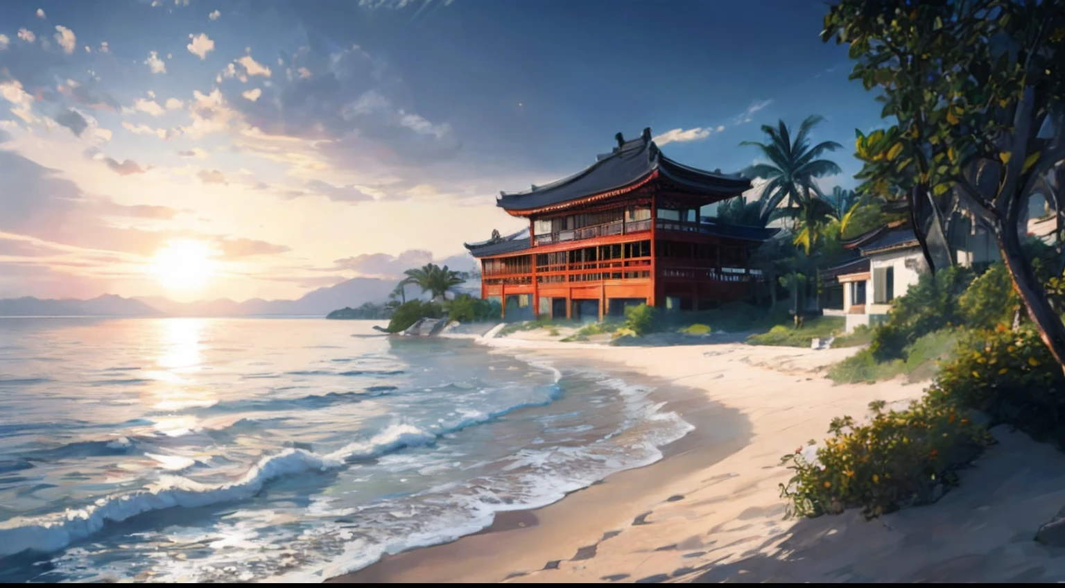 tmasterpiece，best qualtiy，Very detailed CG unity 8K wallpaper，Most Best Illustration，Best shadow，naturey，Blue sea sand，and the sun was shining brightly，The line of sight runs parallel to the beach：1.15，Classical Chinese architecture，NOhumans