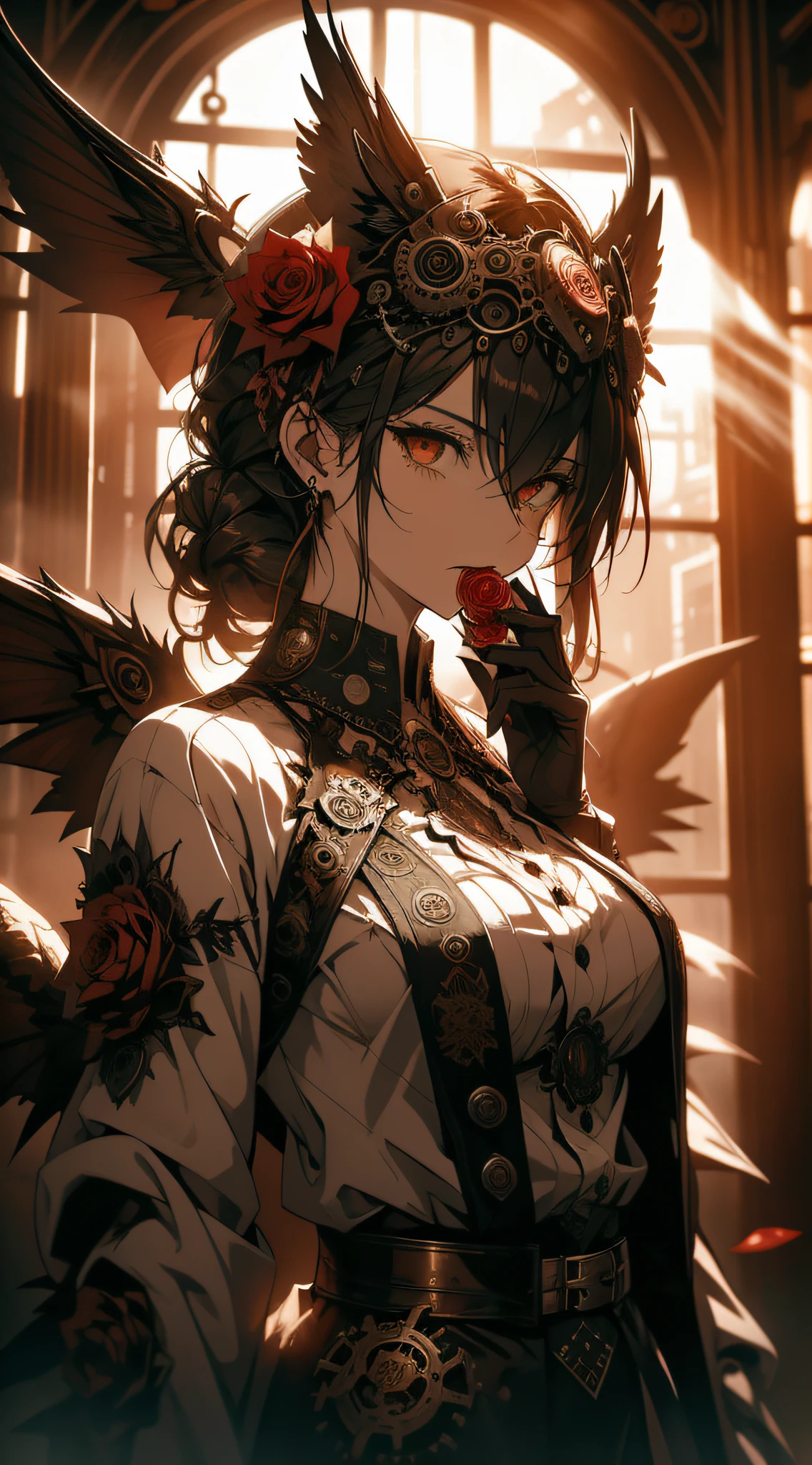 biting a rose, steam punk,demon, mask, death, masterpeice, steam punk style, gears, holding rose with mouth, close up, scary, alone, coat, fog, machines, intricate, detailed, badass,horror, solo,fear,strong, wings, feathres, 4k, wallpaper, best quality,