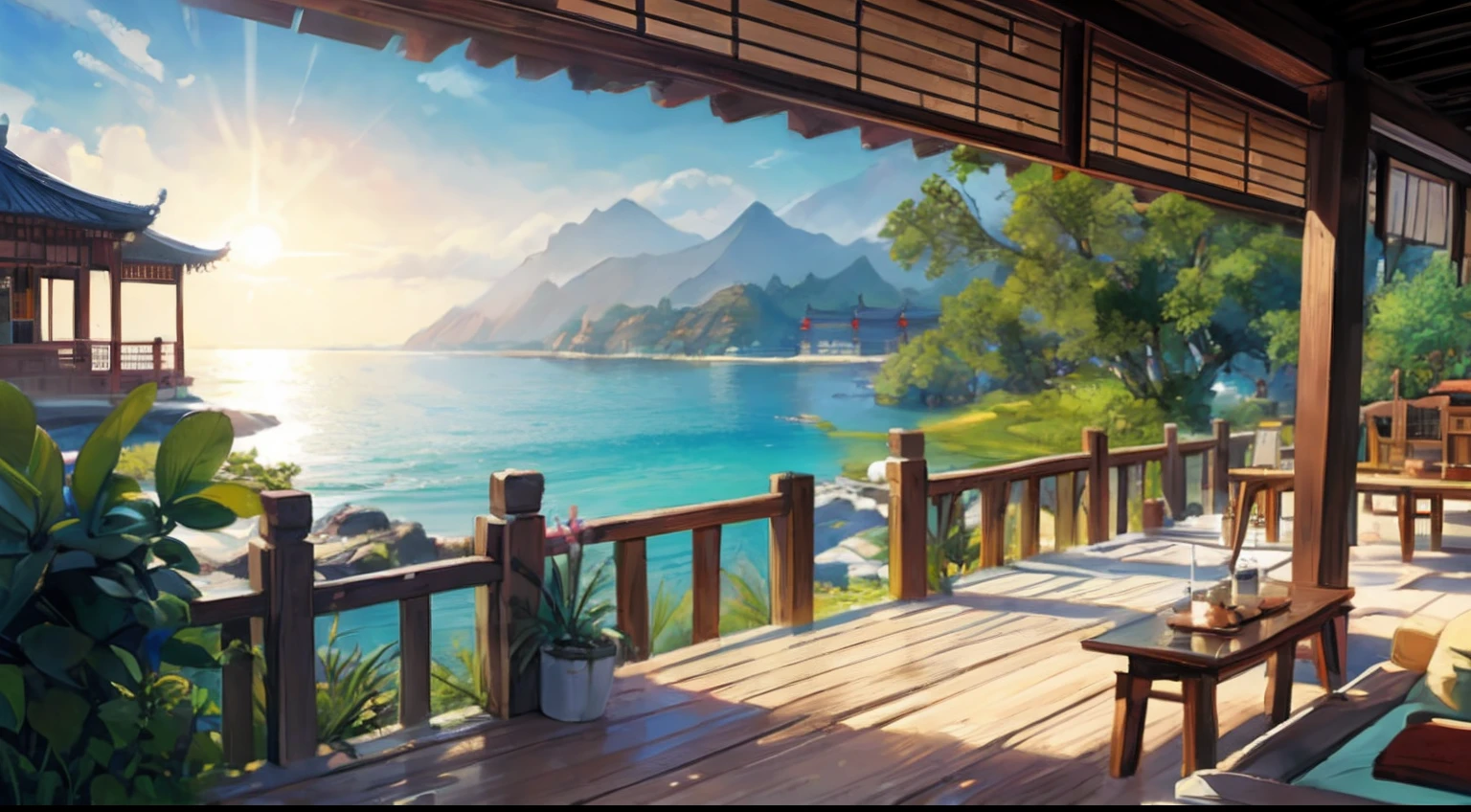 tmasterpiece,best qualtiy,Very detailed CG unity 8K wallpaper,Most Best Illustration,Best shadow,naturey,Blue sea sand,and the sun was shining brightly,The line of sight runs parallel to the beach:1.15,Classical Chinese architecture,NOhumans