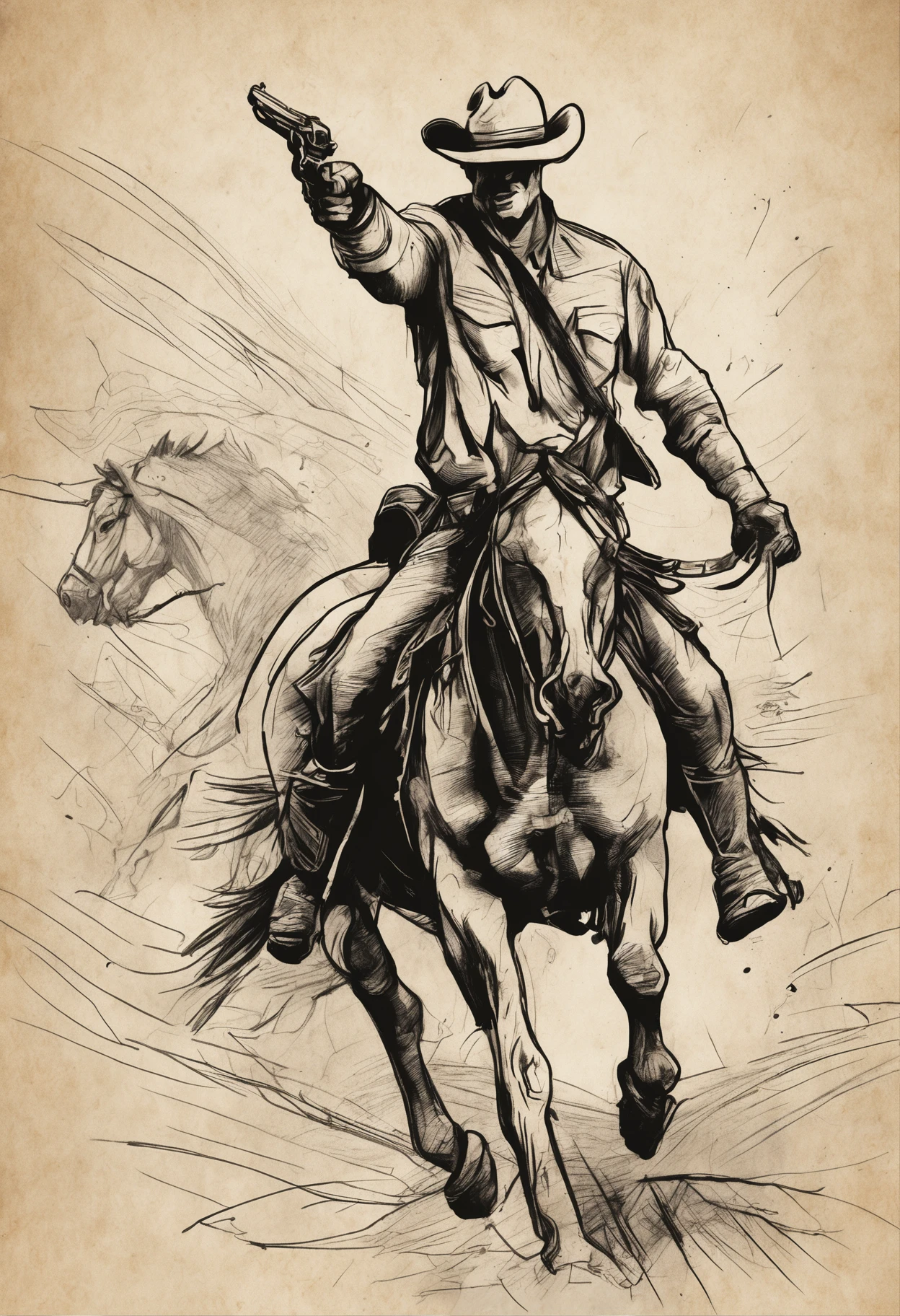 A cowboy  (Clint East Wood) with gun in hand, ((angry 1.4)), raiding a running horse, Screaming, action, dark side, Mystery , Dark Background, Rough charcoal sketch on old paper, muscular Male figure,dynamic pose,clean line art,+expressive line,in the style of expressive sketch drawing, hatching, black and white sketch, hand drawing, Rough charcoal sketch on old paper, muscular Male figure,dynamic pose,clean line art,+expressive line,in the style of expressive sketch drawing, hatching, black and white sketch, hand drawing, sketching, linear style::Sketchnote Stylesketching, linear style::Sketchnote Style