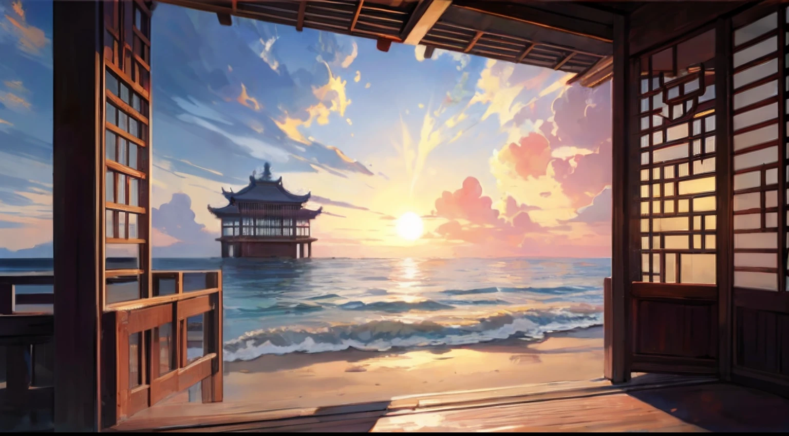 tmasterpiece，best qualtiy，Very detailed CG unity 8K wallpaper，Most Best Illustration，Best shadow，naturey，Blue sea sand，and the sun was shining brightly，The line of sight runs parallel to the beach：1.15，Classical Chinese architecture，NOhumans