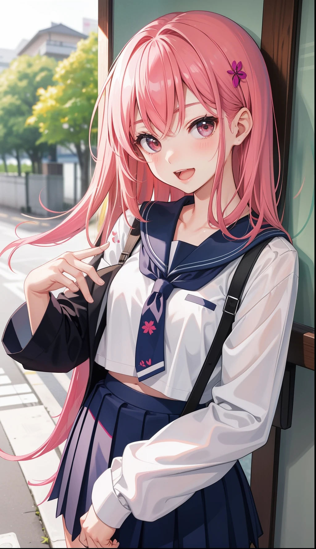 pretty girl、Young face、Pink Hair、Twin tails、Braid、Wavy Hair、Pink eyeischievous face、Spoiled brat、uniform、（Sailor suit）、Immature body、Small breasts、Sticking out tongue、Long and cute tongue、smile、Sweat、sexy panties、（Thick thighs:1.5）