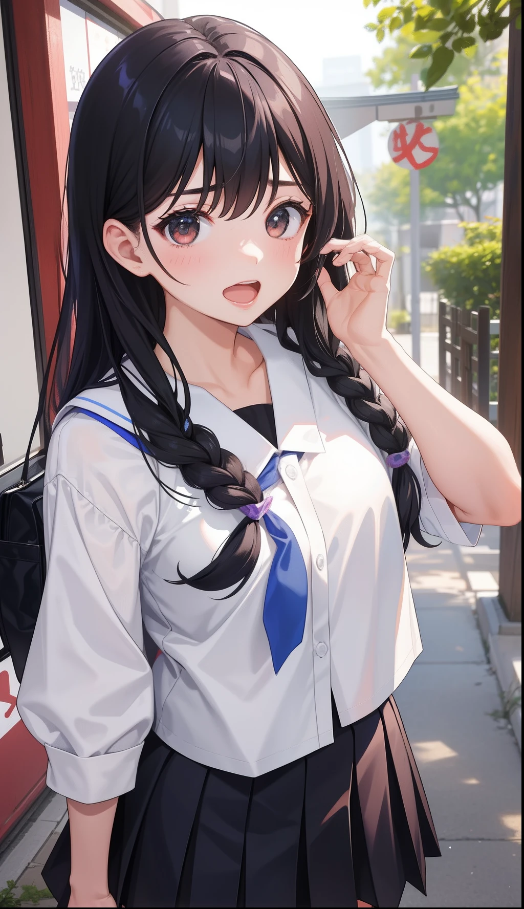 1girl in、AS-Adult、Open your mouth wide、Laughing、The shirt、skirt by the、（small tits）Chilarism、Japan High School Student Uniform、serafuku、summer clothing、（Sheer Bra）、Upper body portrait、