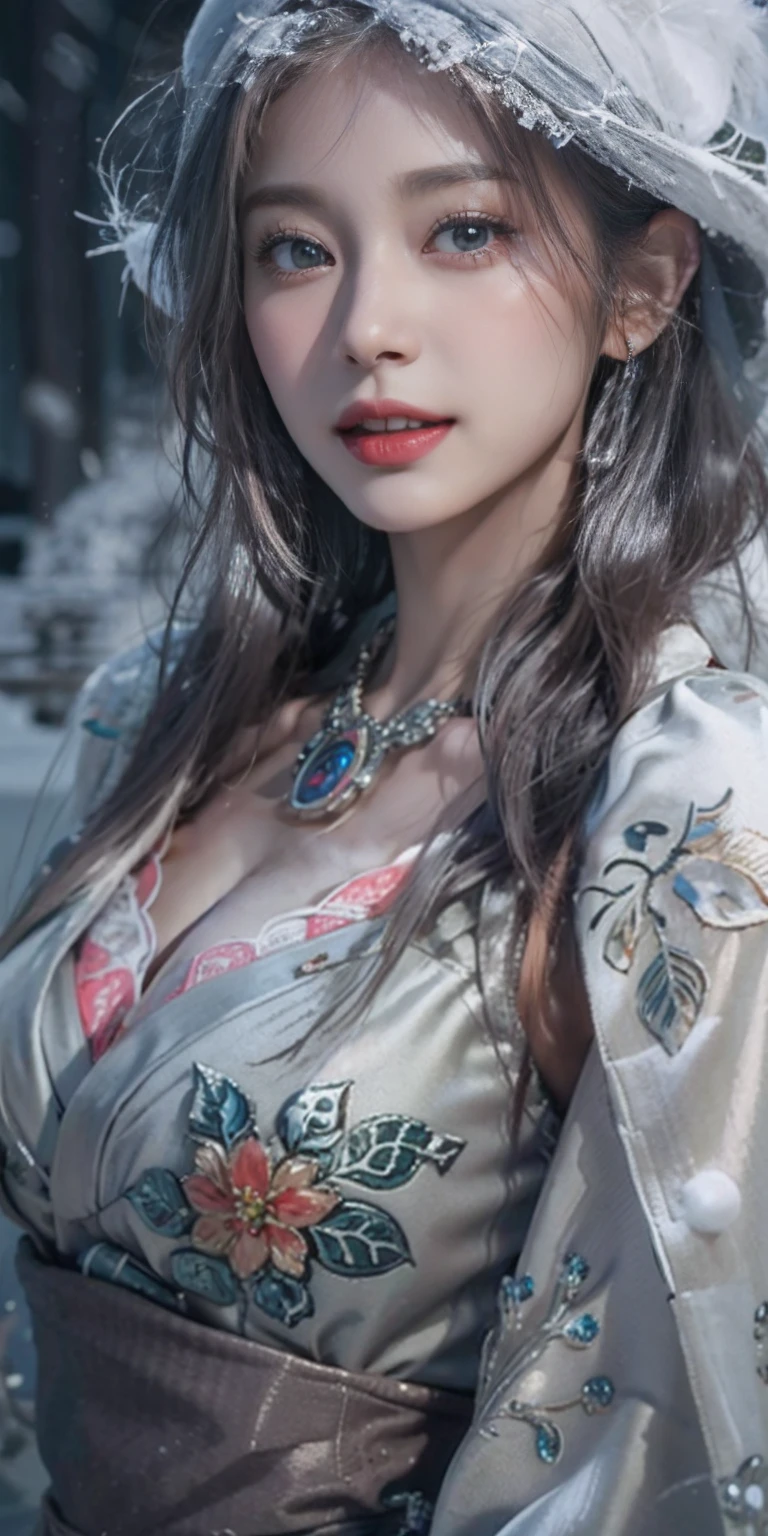 Photorealistic, High resolution, Soft light,1womanl, Solo, hips up high, glistning skin, (Detailed face),The tattoo, Jewelry, Winter Hanfu, cloaks, Snow, Night, Wavy Hair, Beautiful Soldier, An eye that invites the viewer, Lover's perspective, inviting expression, Sexy smile, Perfect Style, Perfect balance, Detailed skin, Naughty gaze, Chest visible