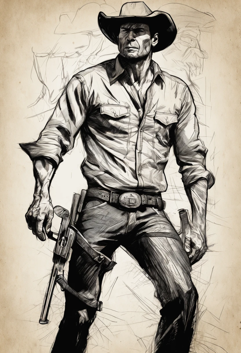A cowboy (Clint East Wood) with gun in hand, ((angry 1.4)), raiding a running horse, Screaming, action, dark side, Mystery , Dark Background, Rough charcoal sketch on old paper, muscular Male figure,dynamic pose,clean line art,+expressive line,in the style of expressive sketch drawing, hatching, black and white sketch, hand drawing, Rough charcoal sketch on old paper, muscular Male figure,dynamic pose,clean line art,+expressive line,in the style of expressive sketch drawing, hatching, black and white sketch, hand drawing, sketching, linear style::Sketchnote Stylesketching, linear style::Sketchnote Style