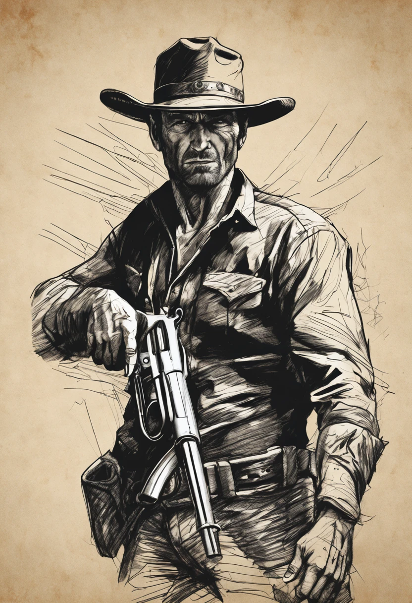 A cowboy  (Clint East Wood) with gun in hand, ((angry 1.4)), raiding a running horse, Screaming, action, dark side, Mystery , Dark Background, Rough charcoal sketch on old paper, muscular Male figure,dynamic pose,clean line art,+expressive line,in the style of expressive sketch drawing, hatching, black and white sketch, hand drawing, Rough charcoal sketch on old paper, muscular Male figure,dynamic pose,clean line art,+expressive line,in the style of expressive sketch drawing, hatching, black and white sketch, hand drawing, sketching, linear style::Sketchnote Stylesketching, linear style::Sketchnote Style