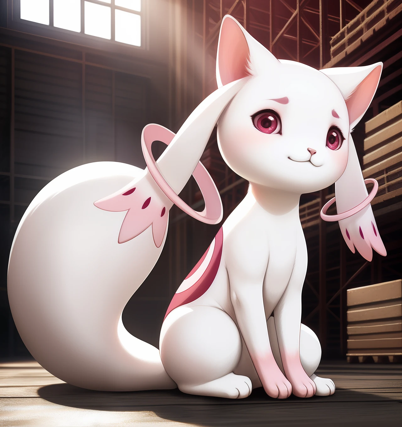 uploaded on e621, ((by Lostgoose, by Silverfox5213, by Joaqun Sorolla)), solo (((wildlife feral))) (((Kyubey))) with ((white and pink body)) and ((clear red eyes)), BREAK, and (((long white ears))), ((full-length portrait)),, (detailed feral Kyubey), (detailed lighting), ((detailed glowing fur)), BREAK, (((sitting at warehouse with flood on winter day))), (cinematic lighting), ((detailed background)), ((depth of field)), (half body shadow), ((sunlight)), (looking away), (low-angle view), ((three-quarter view)), [backlighting], [detailed ambient light], [gray natural lighting], [ambient light on the belly], [realistic proportions], [explicit content, adult, nsfw], [sharp focus], (questionable content), (shaded), (hi res), ((masterpiece))