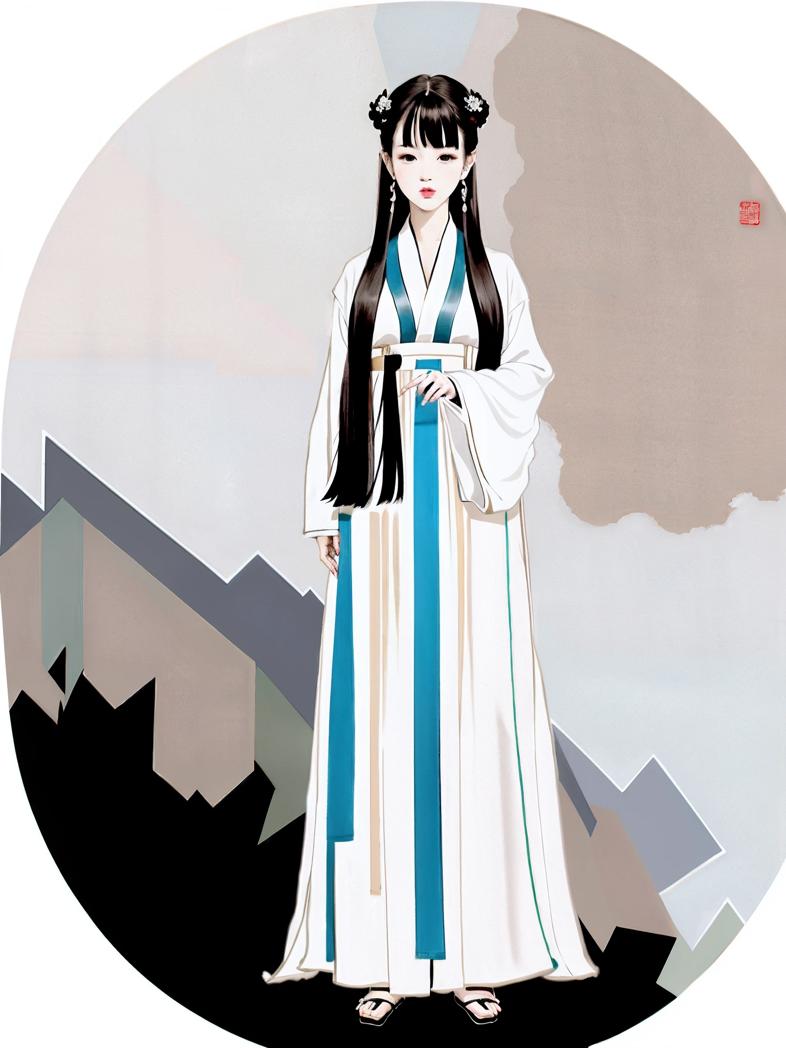 Draw a woman in a white dress standing in a circle, Palace ， A girl in Hanfu, Chinese painting style, author：Zhou Fang, Beautiful character painting, by Yang J, White Hanfu, inspired by Zhan Ziqian, author：Qu Leilei, style of guo hua, A beautiful artwork illustration, inspired by Zhu Derun