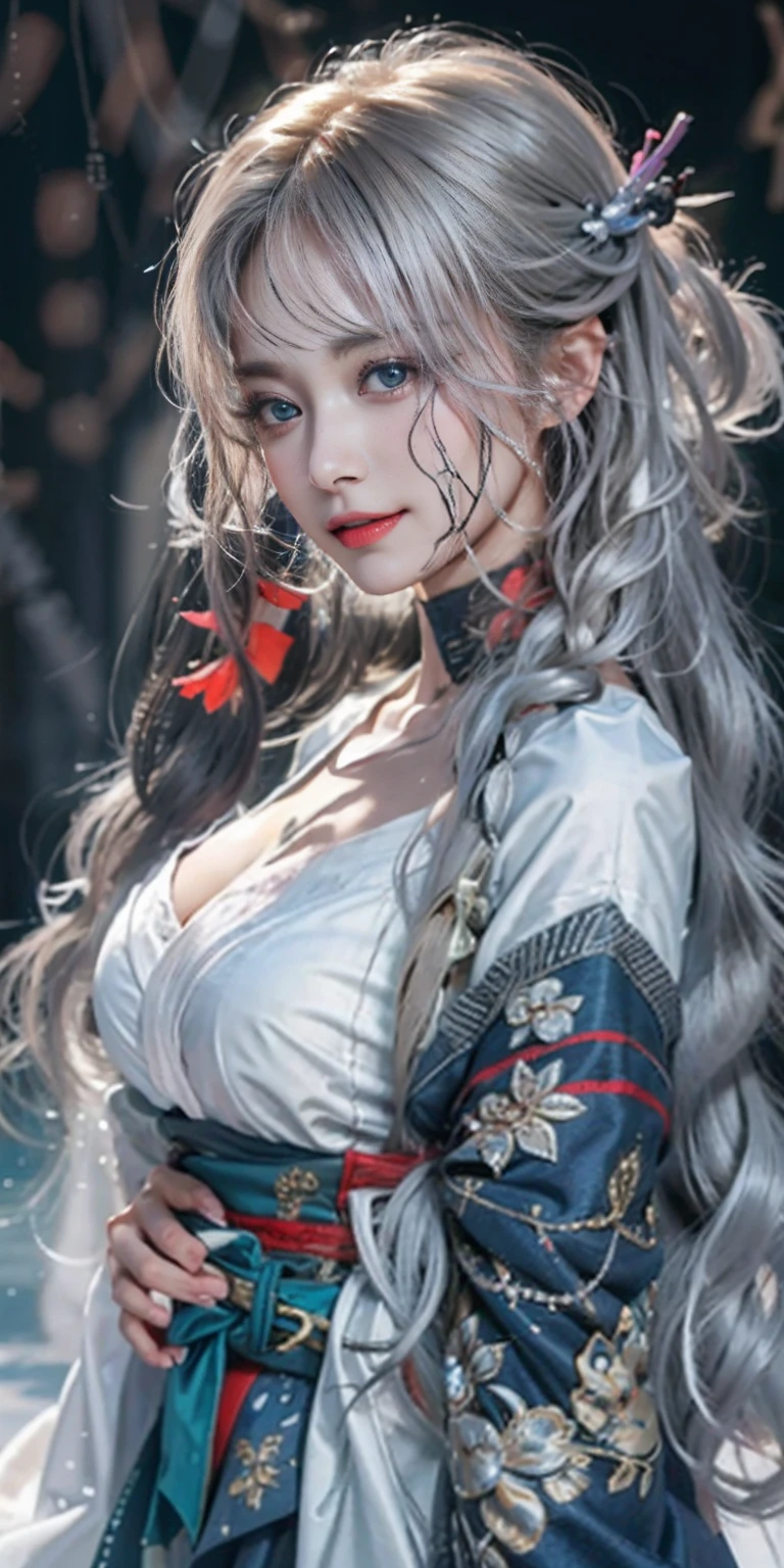 Photorealistic, High resolution, Soft light,1womanl, Solo, hips up high, glistning skin, (Detailed face),The tattoo, Jewelry, Winter Hanfu, cloaks, Snow, Night, Wavy Hair, Beautiful Soldier, An eye that invites the viewer, Lover's perspective, inviting expression, Sexy smile, Perfect Style, Perfect balance, Detailed skin, Naughty gaze, Chest visible